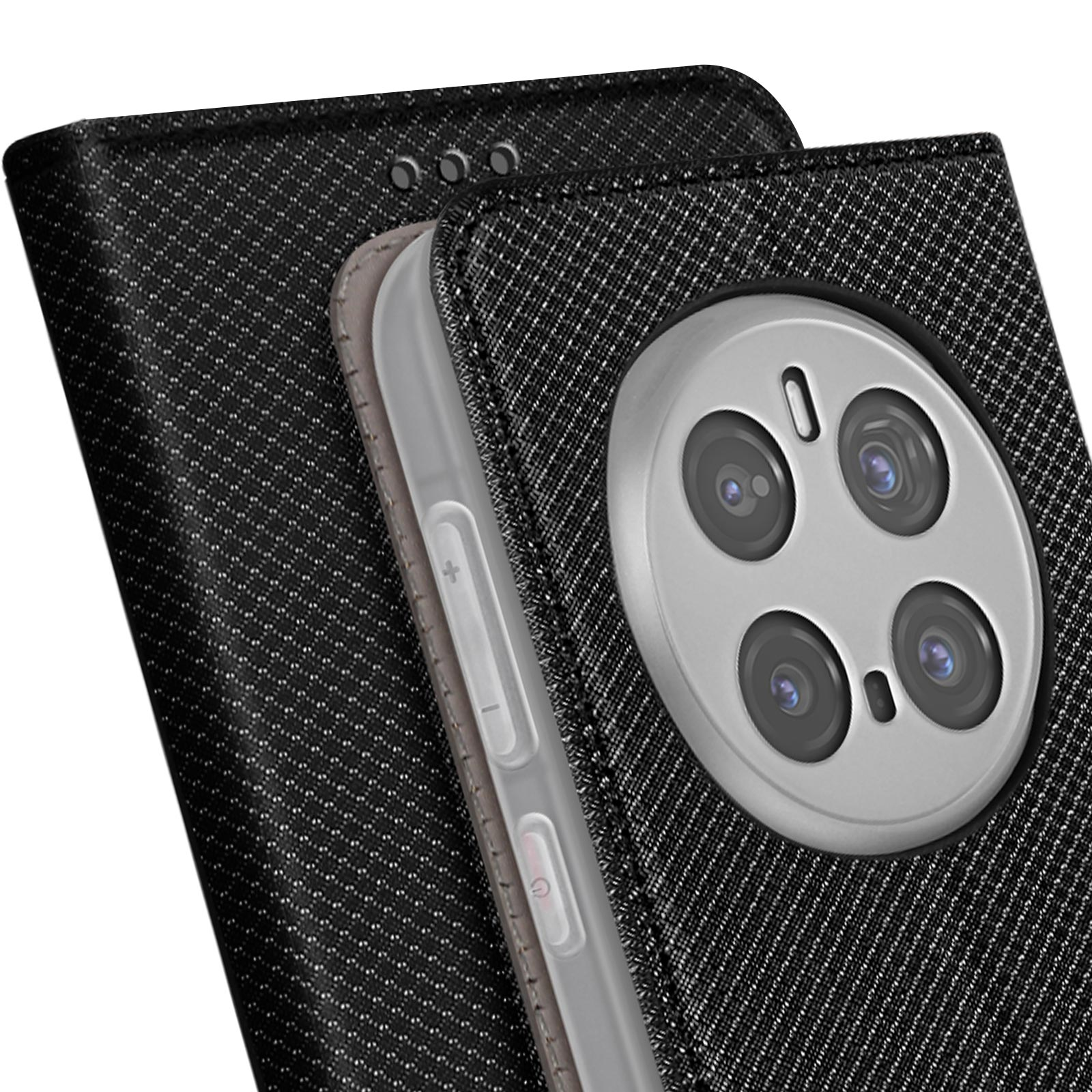 Una custodia per telefono nera, parzialmente aperta, che rivela un telefono argentato con lenti della fotocamera.