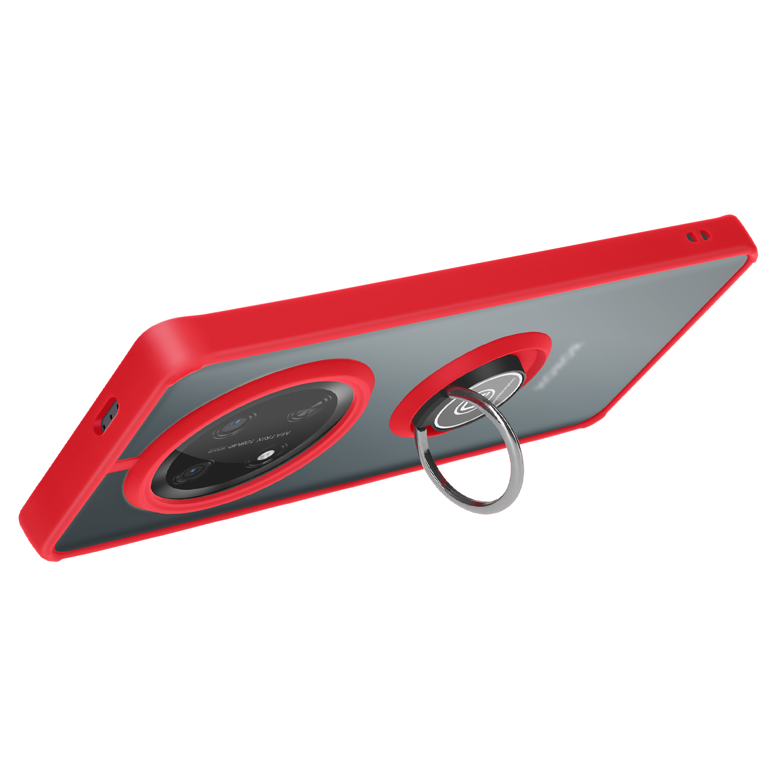 Custodia rossa per telefono con anello. Retro del telefono grigio visibile.