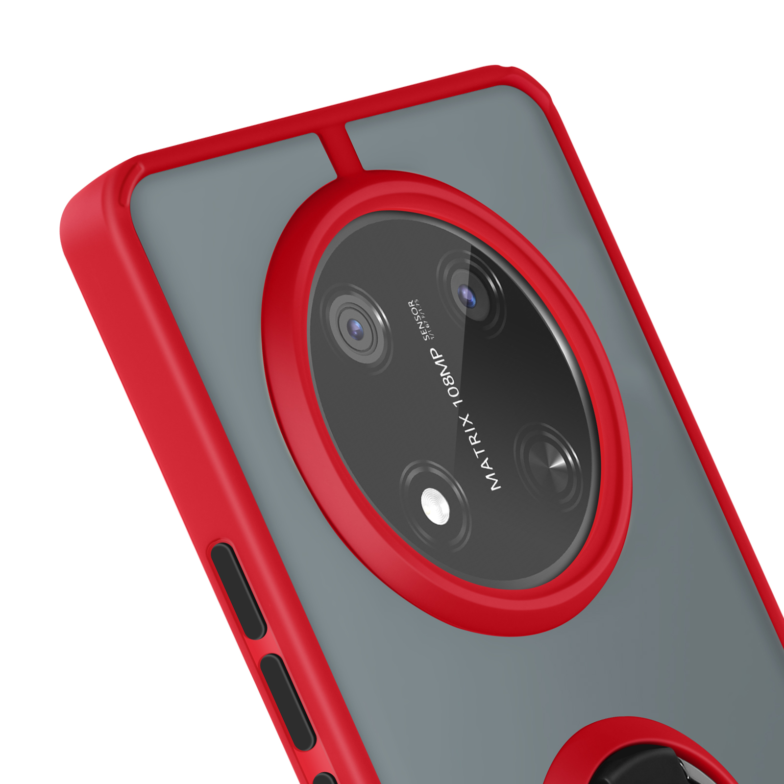 Primo piano di una custodia per telefono rossa e grigia, che mostra l'area della fotocamera. Ha un anello.