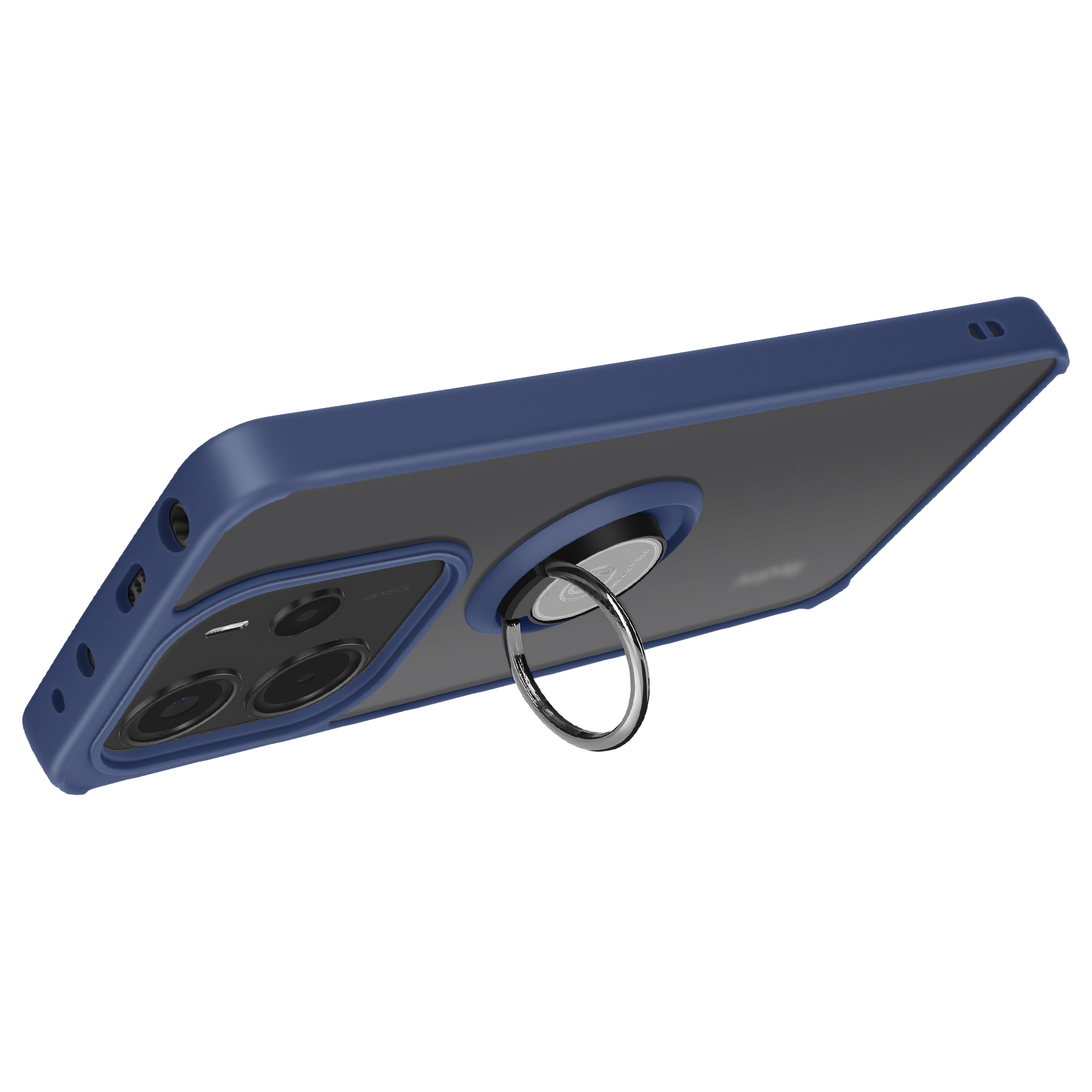 Custodia blu per telefono con supporto ad anello. Il telefono ha una fotocamera e un retro trasparente.