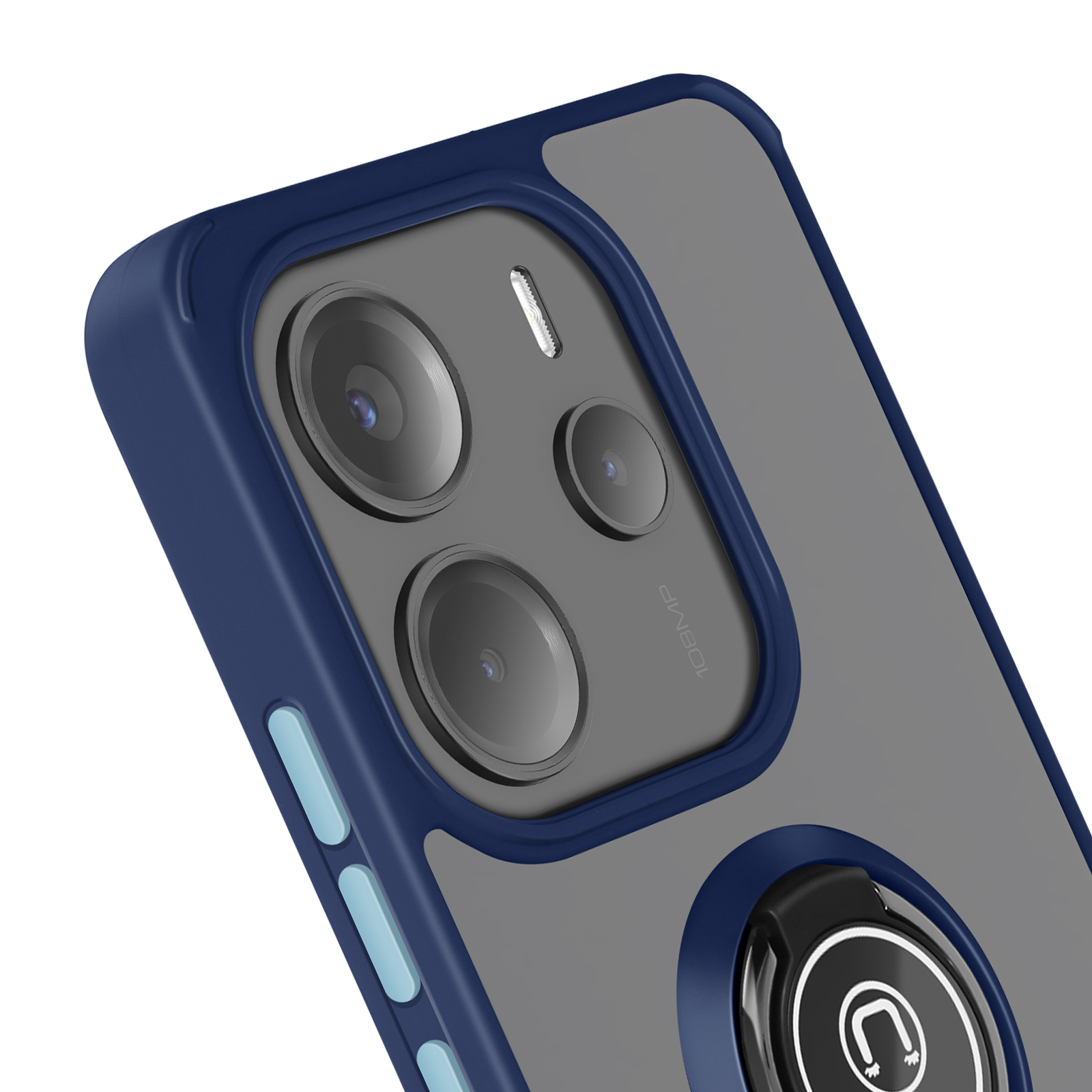 Un primo piano di una custodia per telefono con una cornice blu e tre obiettivi della fotocamera, con un anello.