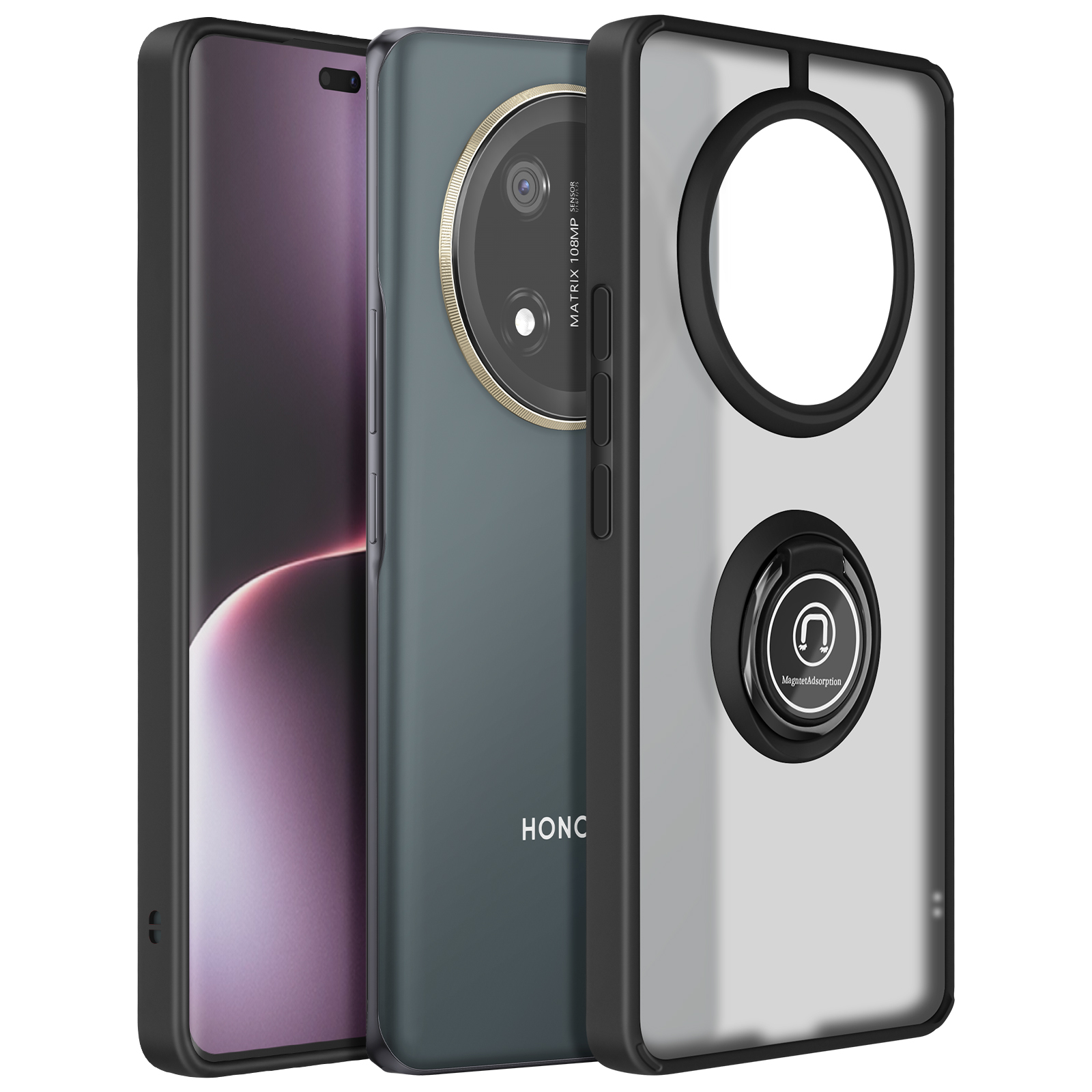Tre smartphone con custodie, due neri, uno verde, con un supporto ad anello.