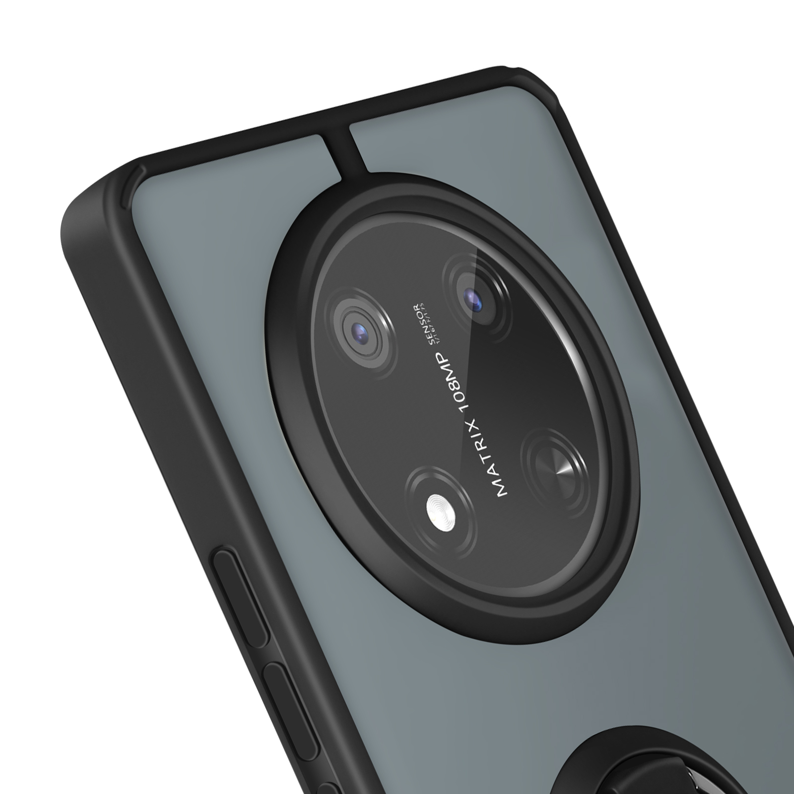 Primo piano di un telefono con un modulo fotocamera a tripla lente e una cornice nera.