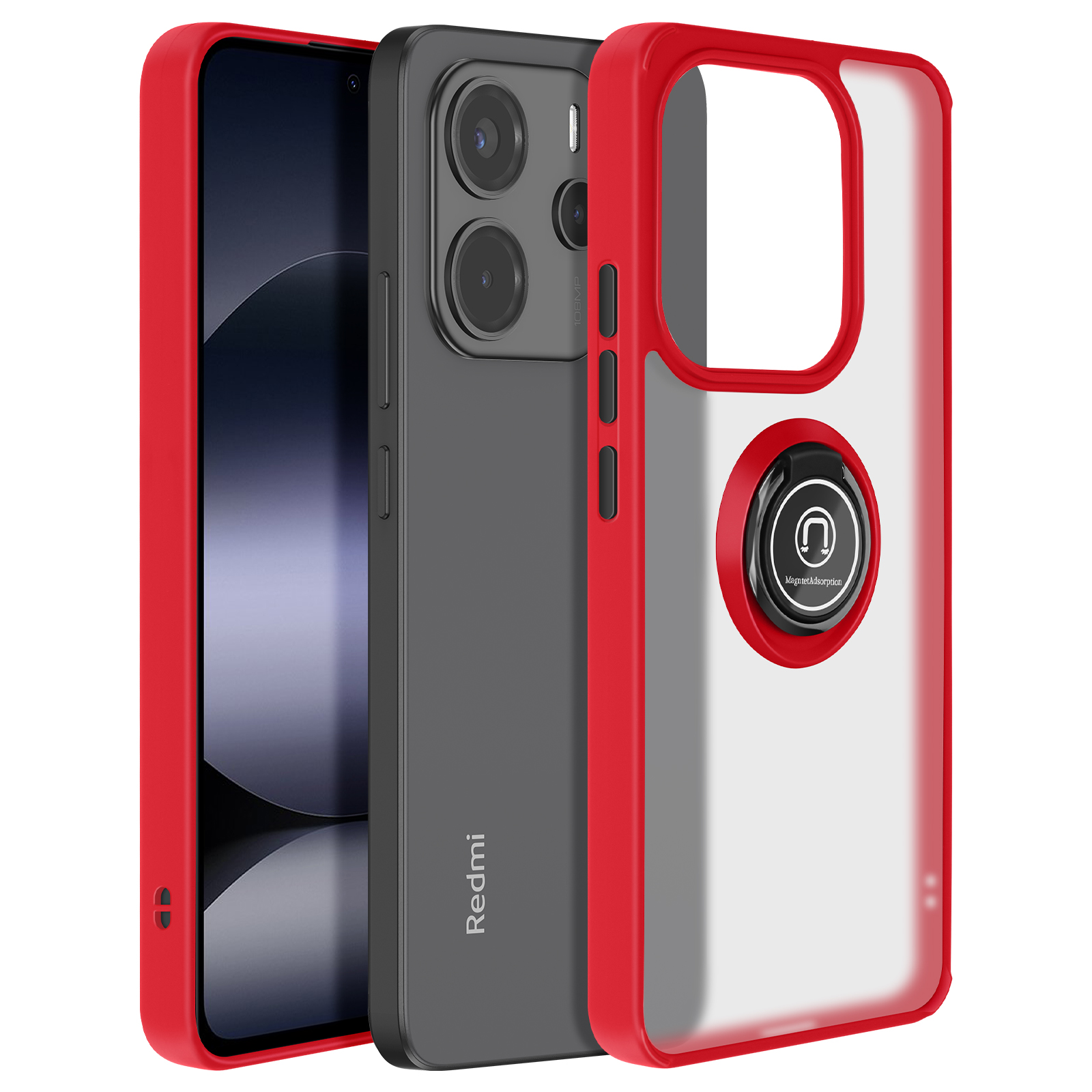 Tre smartphone. Due con custodie rosse e un telefono nero tra loro. Logo Redmi visibile.