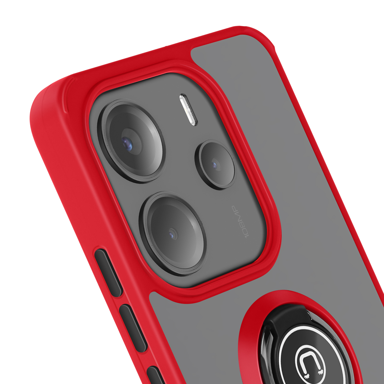 Custodia rossa con lenti della fotocamera. Anello con una 'C' bianca.