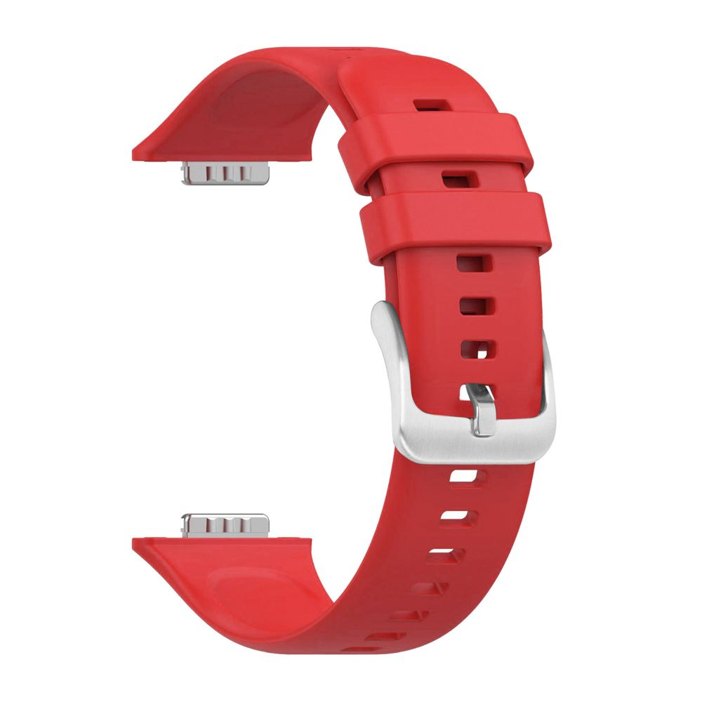 Rotes Uhrenarmband mit silberner Schnalle, gebogen und bereit zum Anbringen.