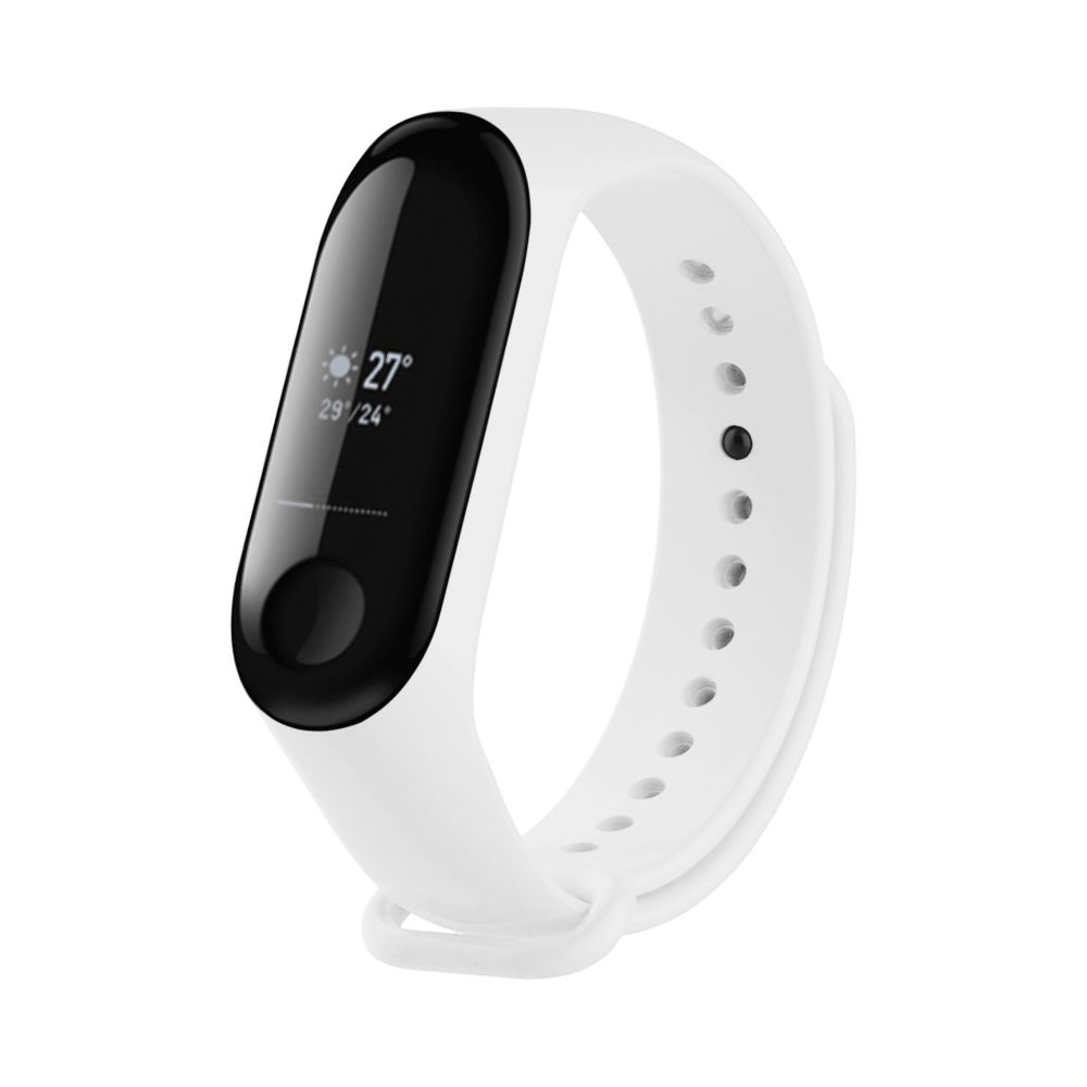Ein weißer Fitnesstracker mit schwarzem Bildschirm.