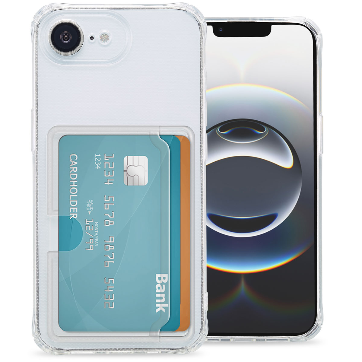 Custodia trasparente con porta carte e telefono. Carte visibili.