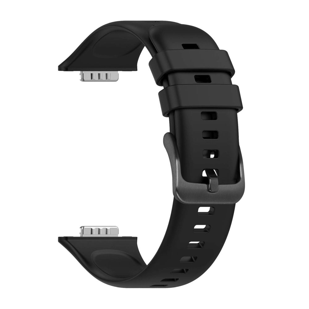 Schwarzes Uhrenarmband mit Schnalle. Das Armband ist gebogen und für eine Uhr konzipiert.