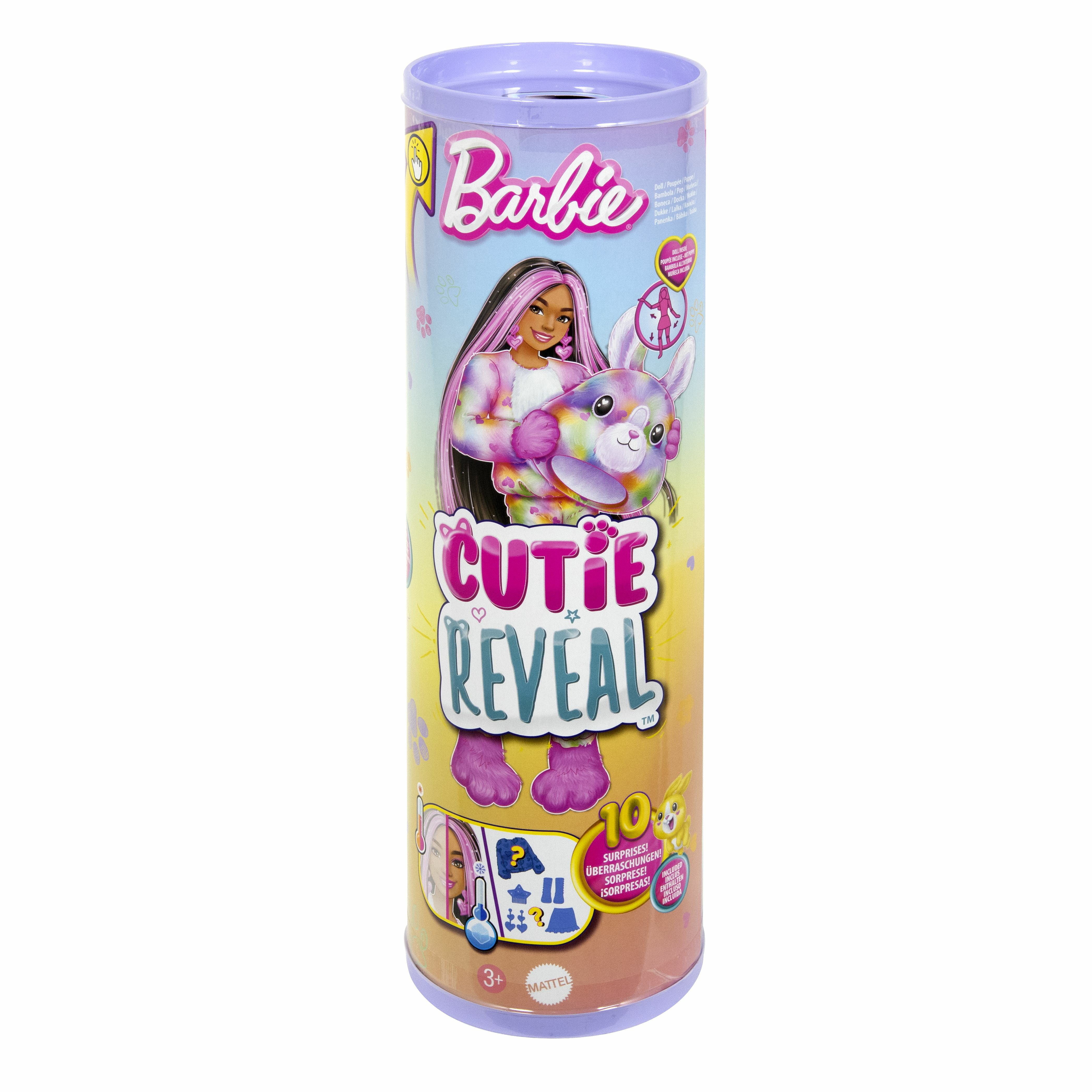 Lalka Barbie Cutie Reveal w fioletowej tubie z królikiem z przodu.