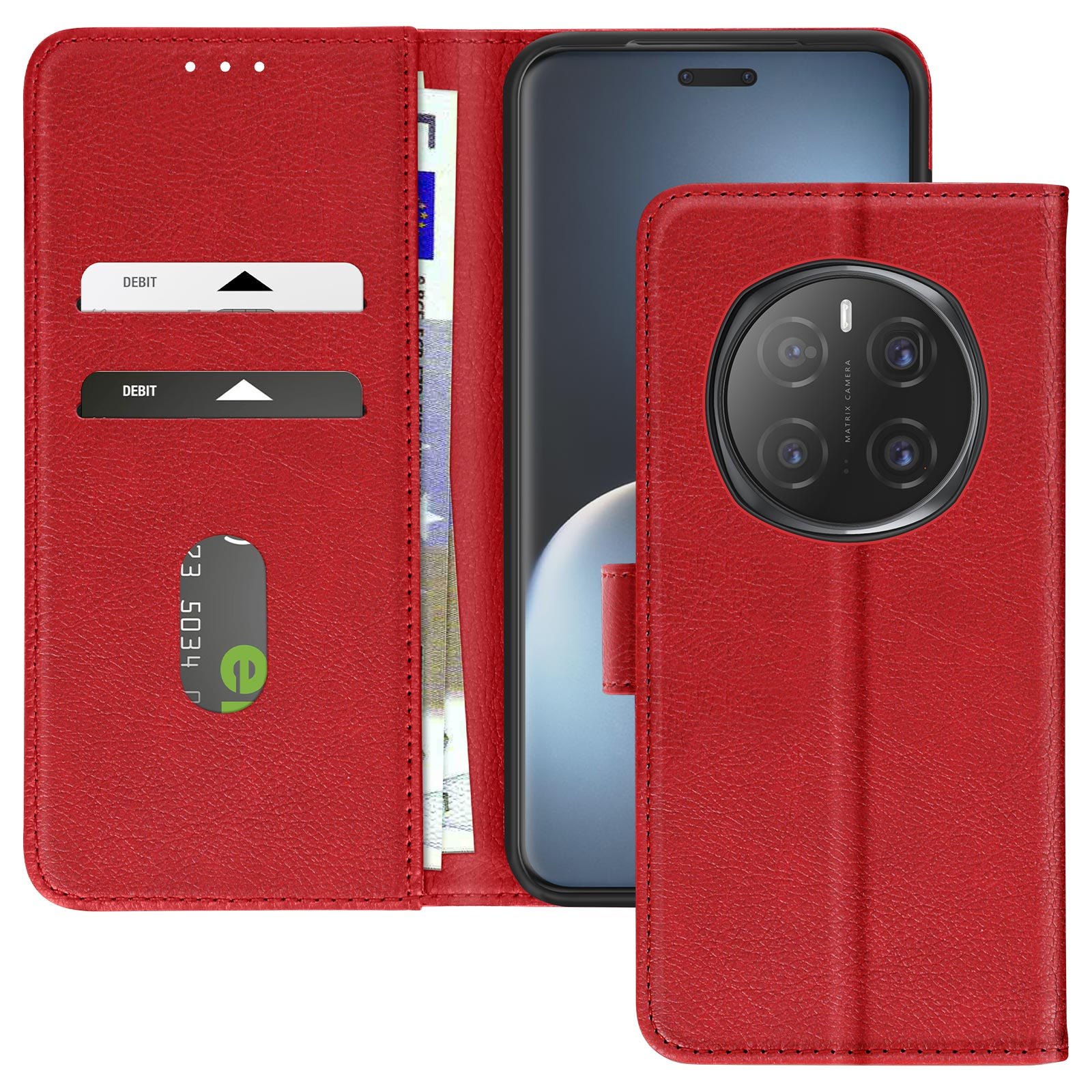 Custodia rossa per telefono aperta che mostra telefono e slot per carte. Banconote in euro visibili. Cerchio fotocamera nero.