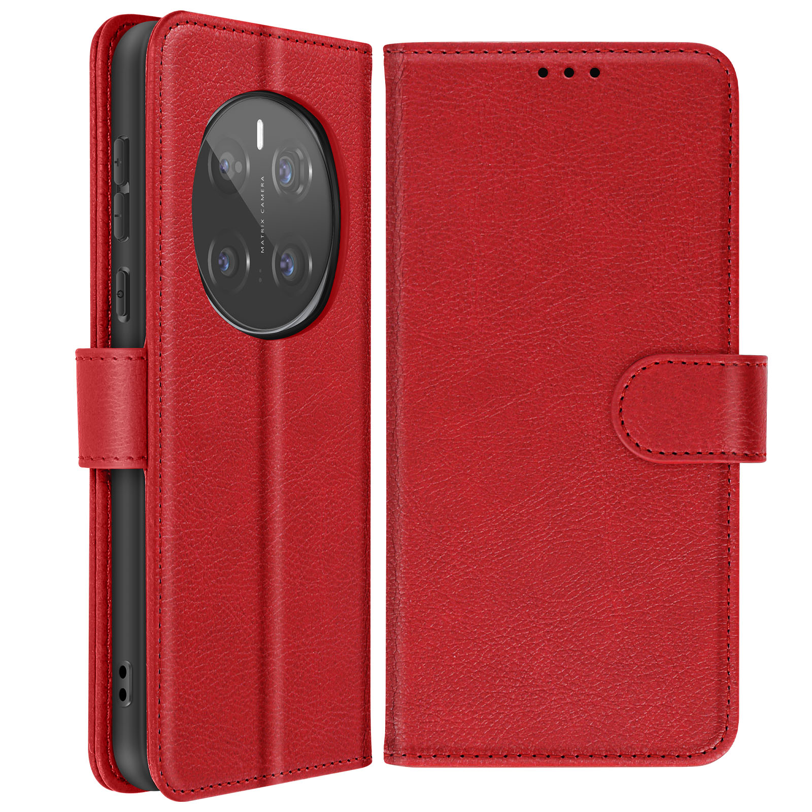 Custodia per telefono rossa, aperta e chiusa, mostra il telefono e la cover.