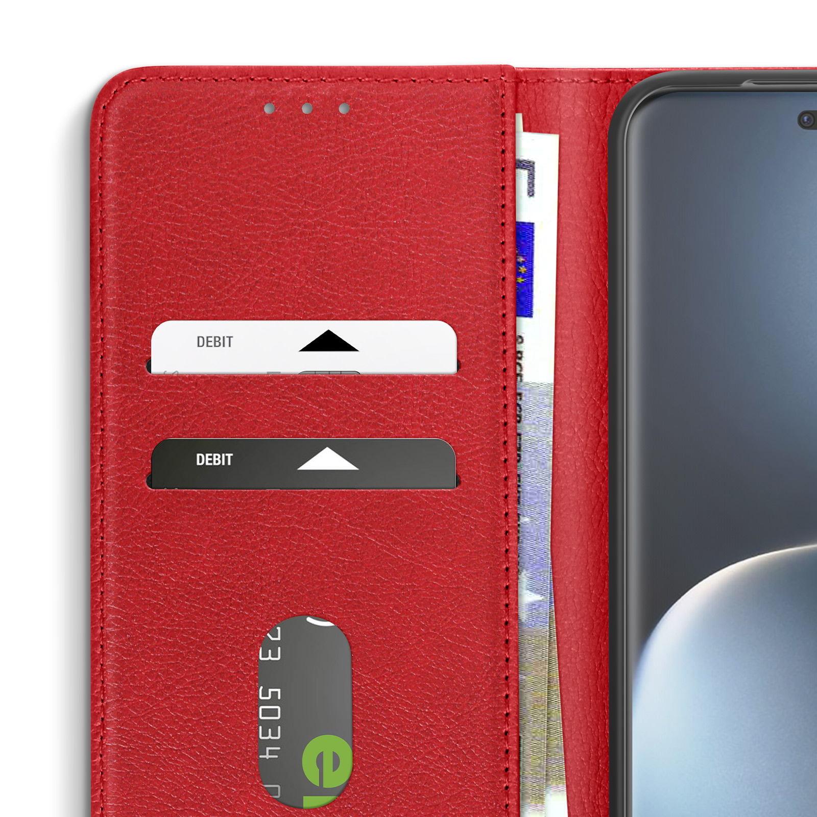 Portafoglio in pelle rosso aperto con carta di debito, valuta e telefono all'interno.