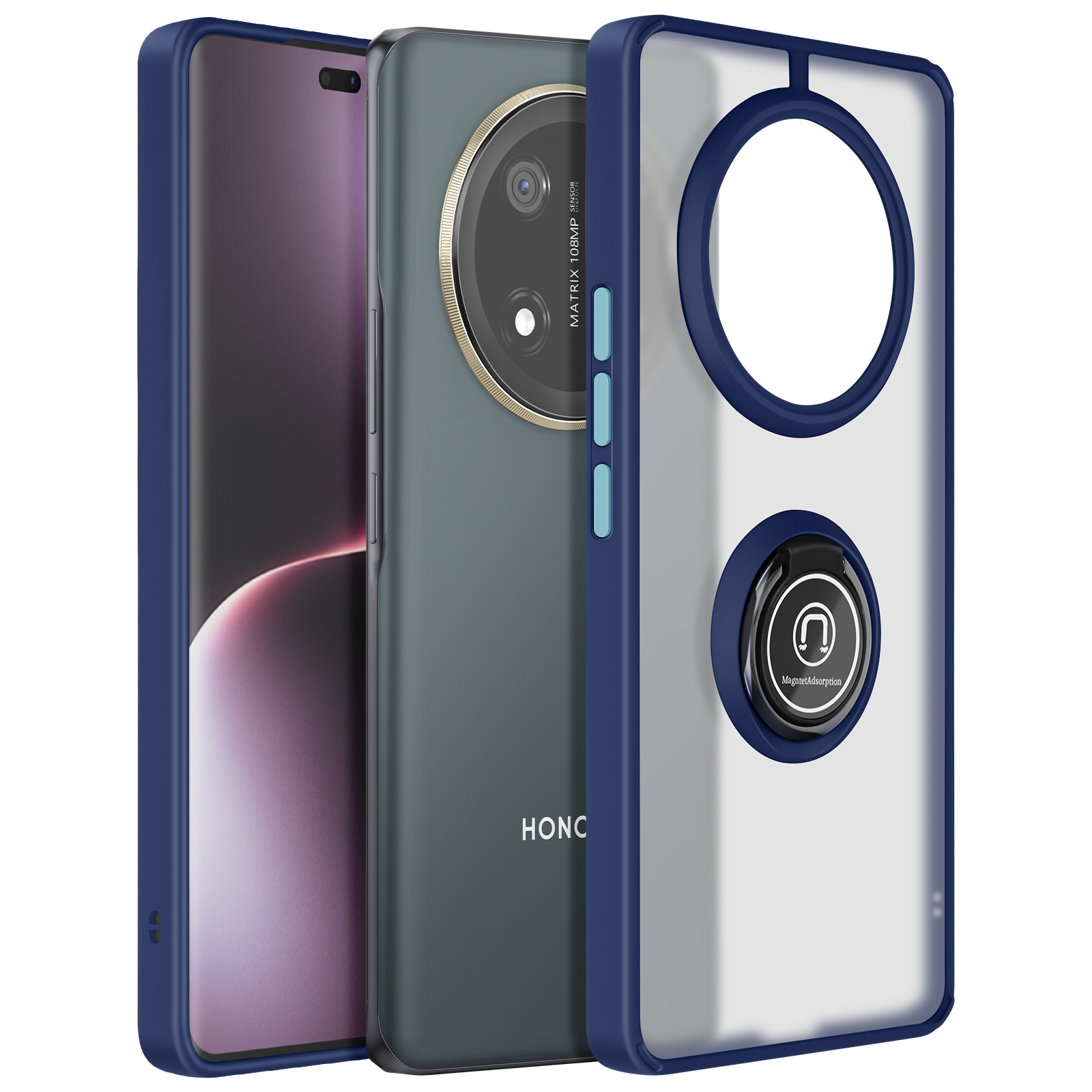 Tre custodie per telefono di fila, con un telefono. Due custodie blu, una custodia trasparente con un porta anello.