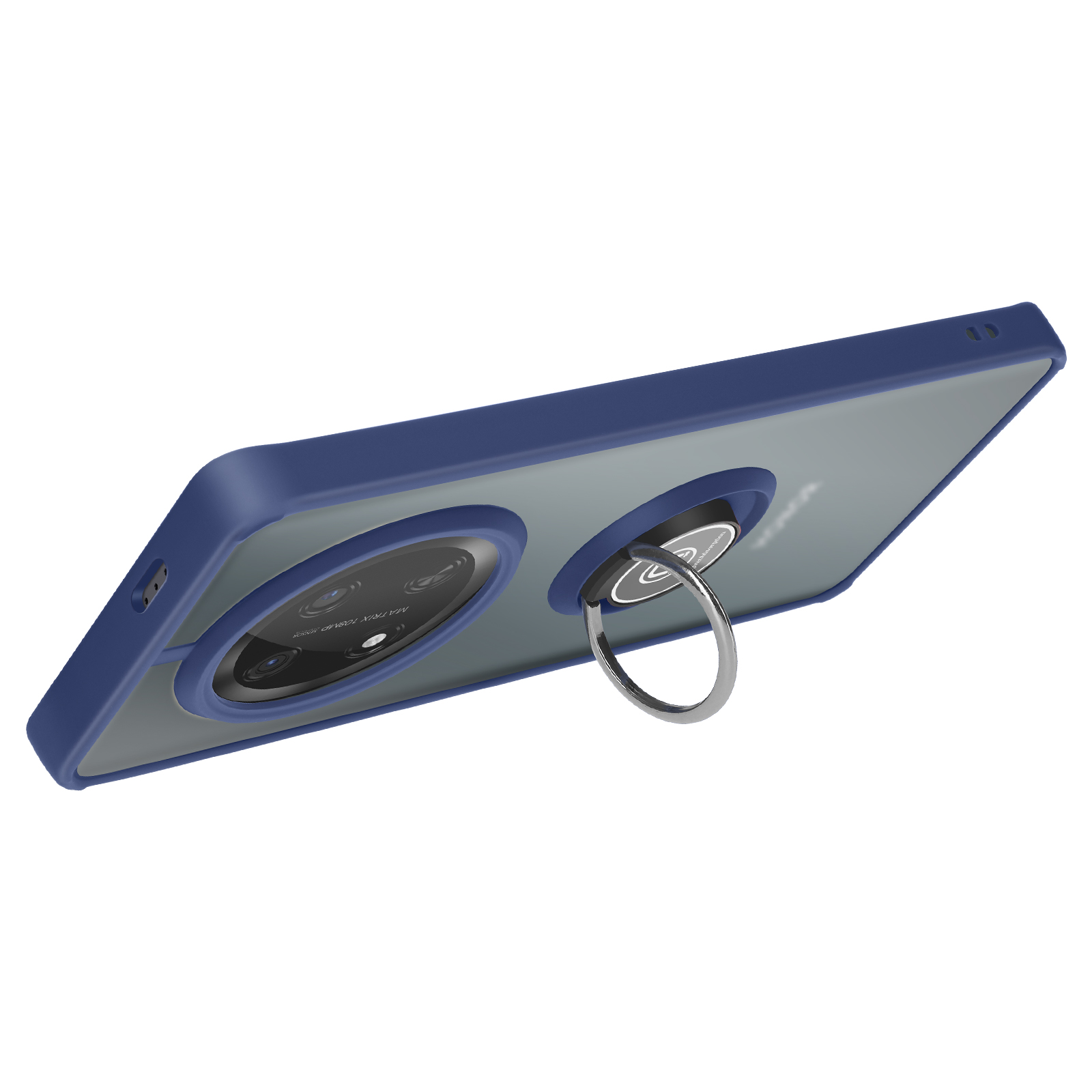 Una custodia per telefono blu con un porta anello. Il telefono ha più fotocamere.