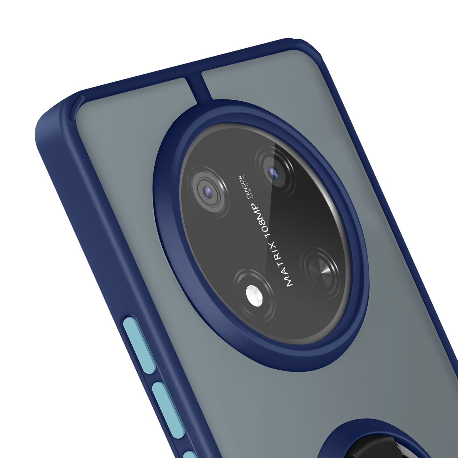 Custodia del telefono con anello fotocamera grigio e dettagli blu. Primo piano del retro.