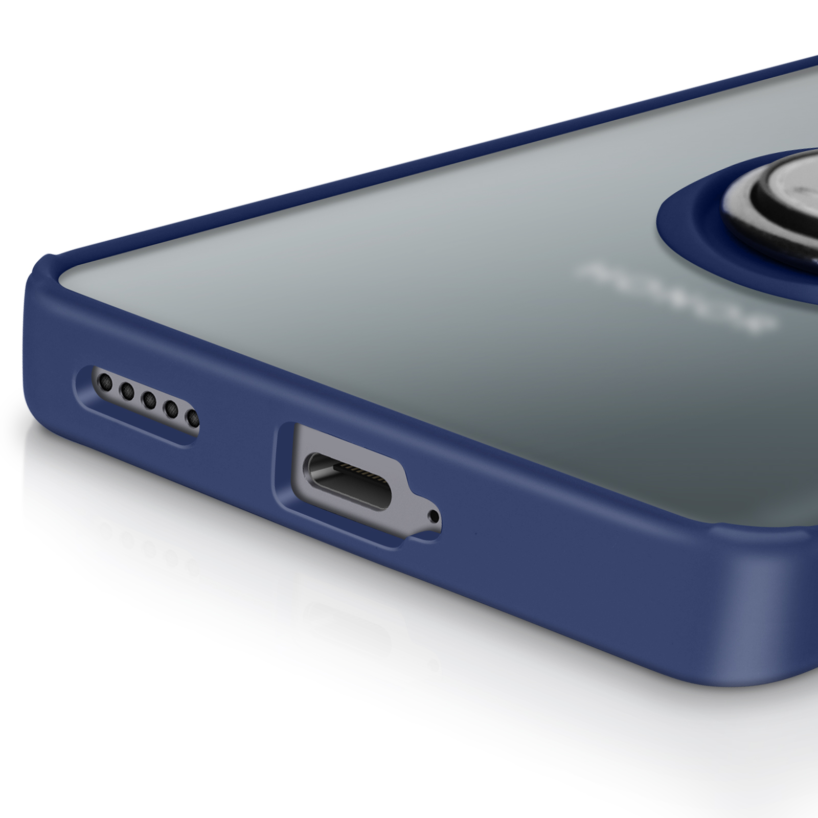 Primo piano di una custodia per telefono con cornice blu e supporto ad anello.