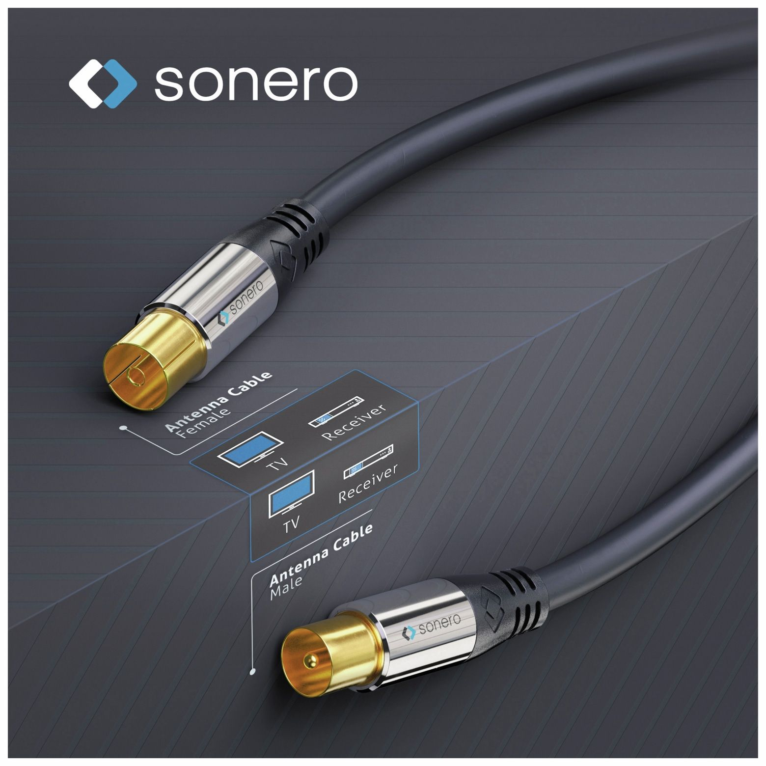 Zwei schwarze Antennenkabel mit goldenen Steckern. Eines ist weiblich, das andere männlich. Sonero-Logo sichtbar.