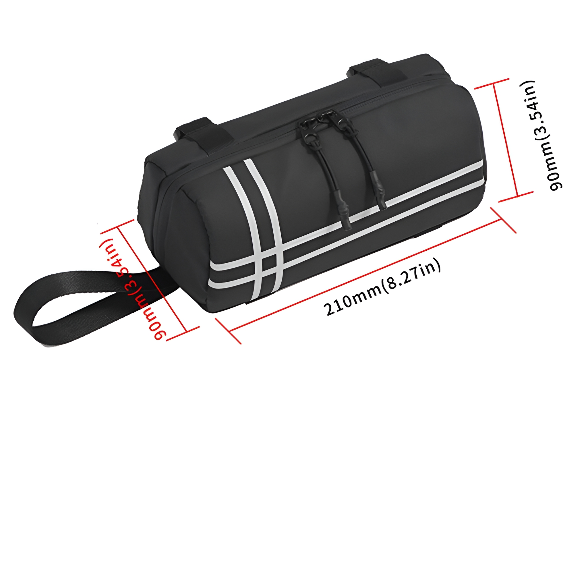 Eine schwarze Fahrradtasche mit weißen Streifen und Abmessungen.