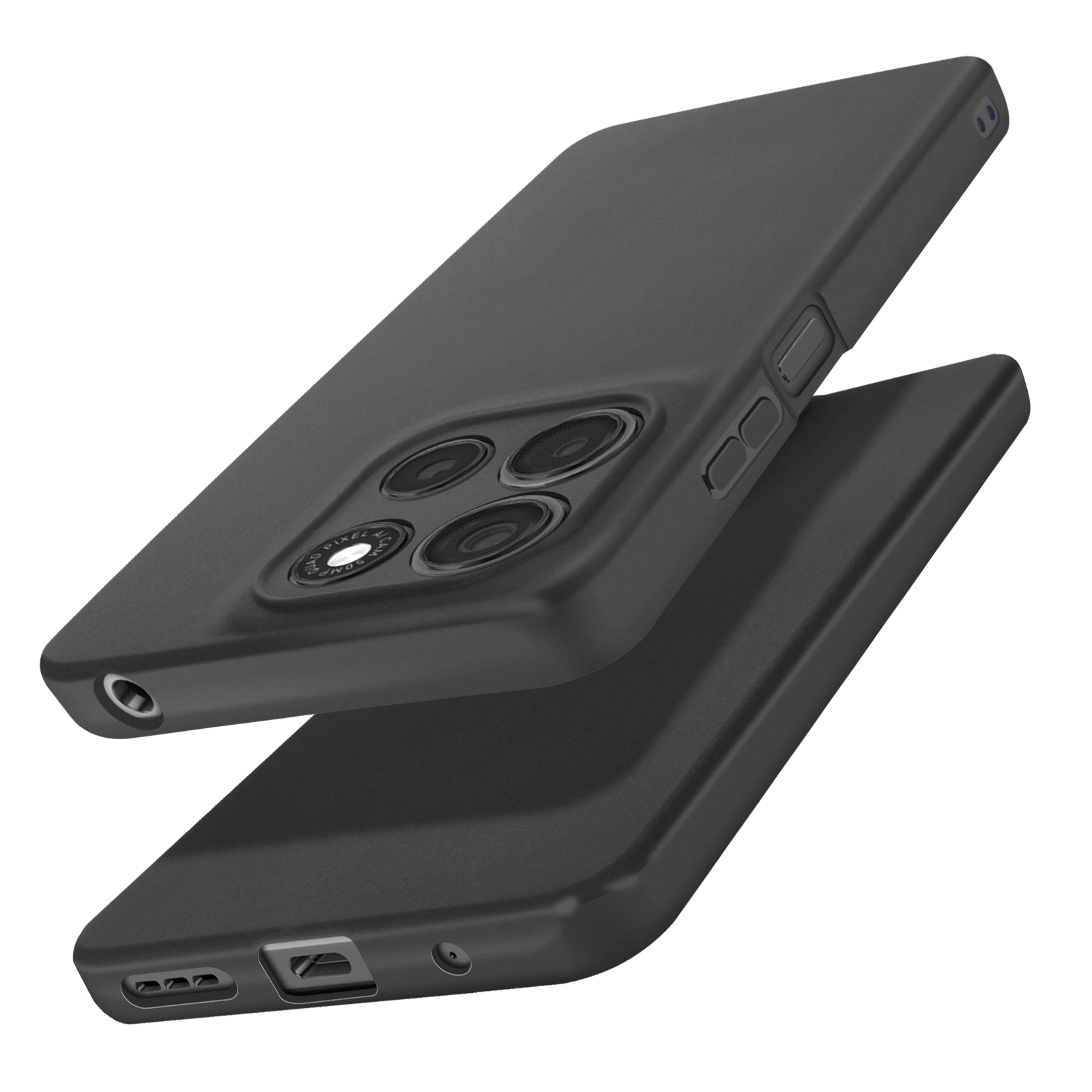 Due custodie nere per telefono, che mostrano il retro con ritagli per la fotocamera e i lati con pulsanti e porte.
