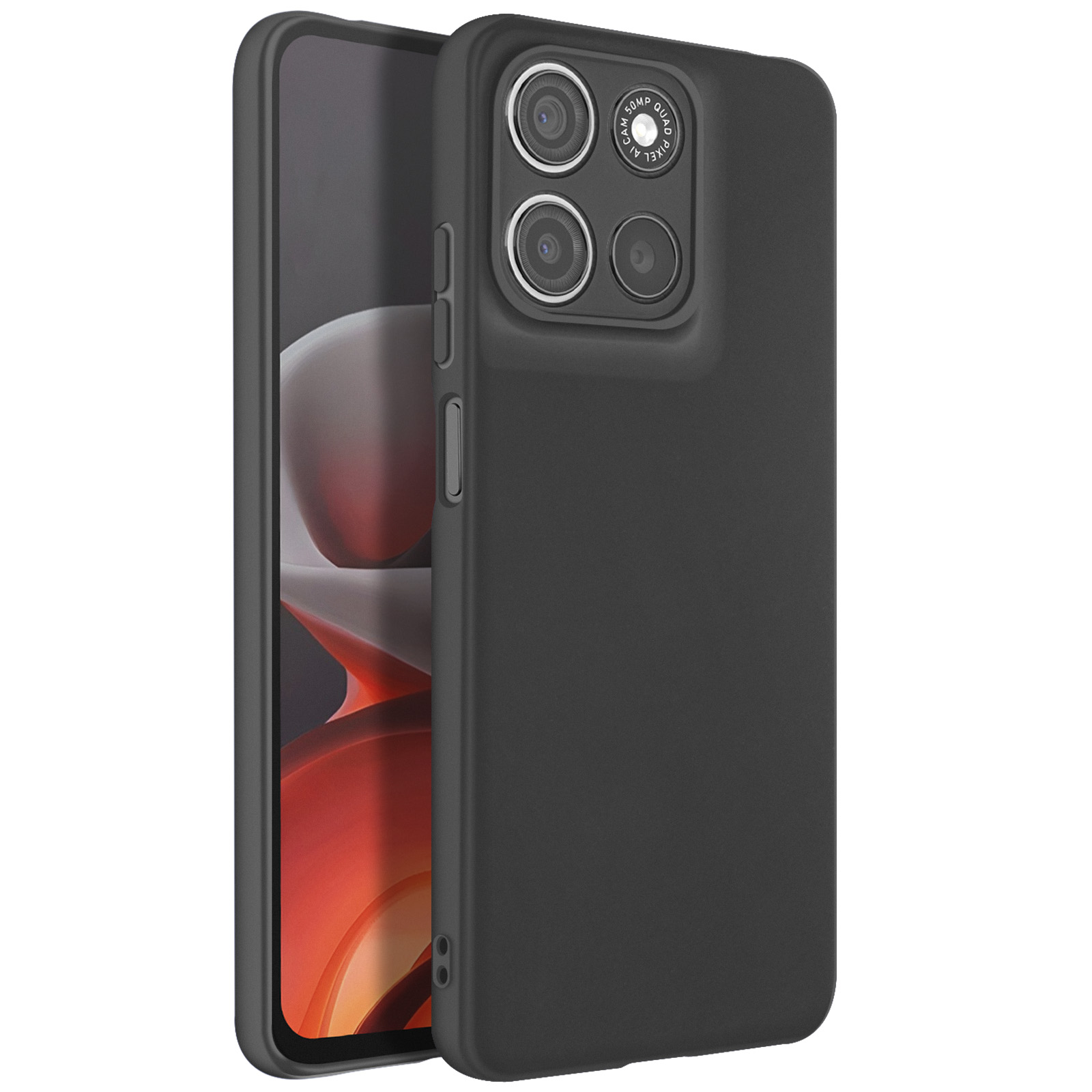 Custodia per telefono nera con un telefono dentro. La custodia copre il modulo fotocamera.