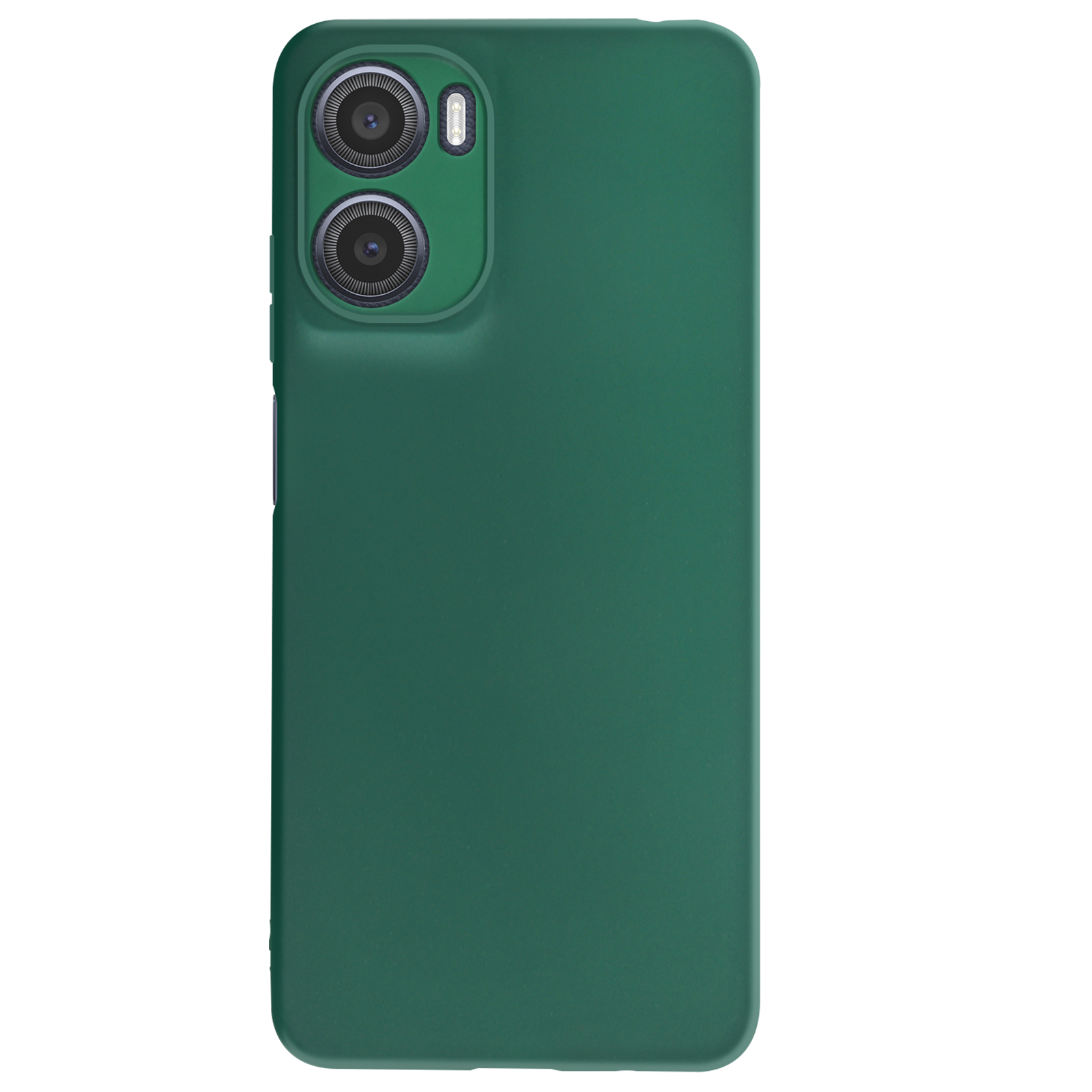 Custodia per telefono verde con due obiettivi. Ha una superficie verde.