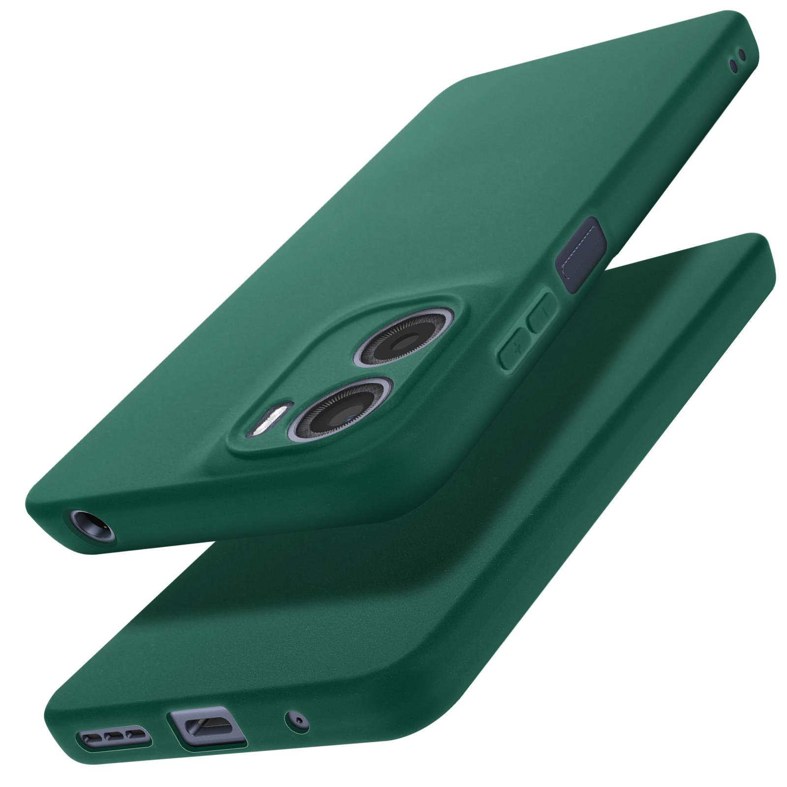 Due custodie verdi per telefono, una sopra l'altra. Le custodie hanno una finitura opaca e ritagli per fotocamera.