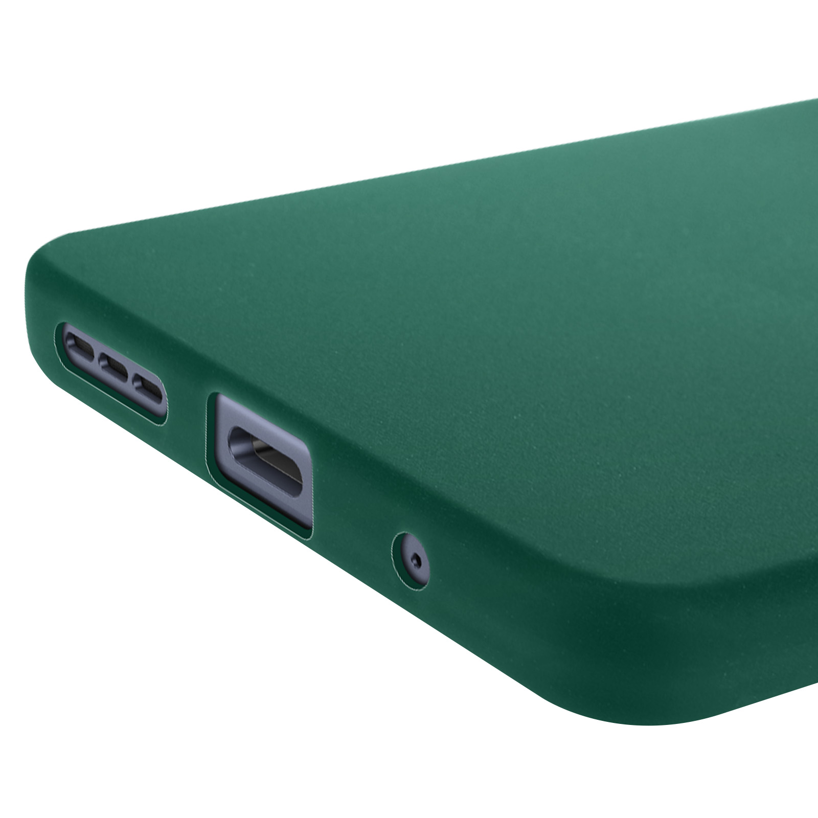 Primo piano di una custodia per telefono verde. La custodia ha aperture per una porta e una fotocamera.