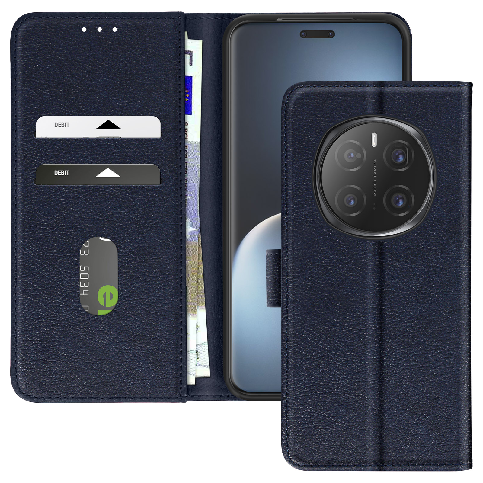 Portafoglio a custodia blu. Contiene carte, contanti e telefono. Pelle blu scuro.