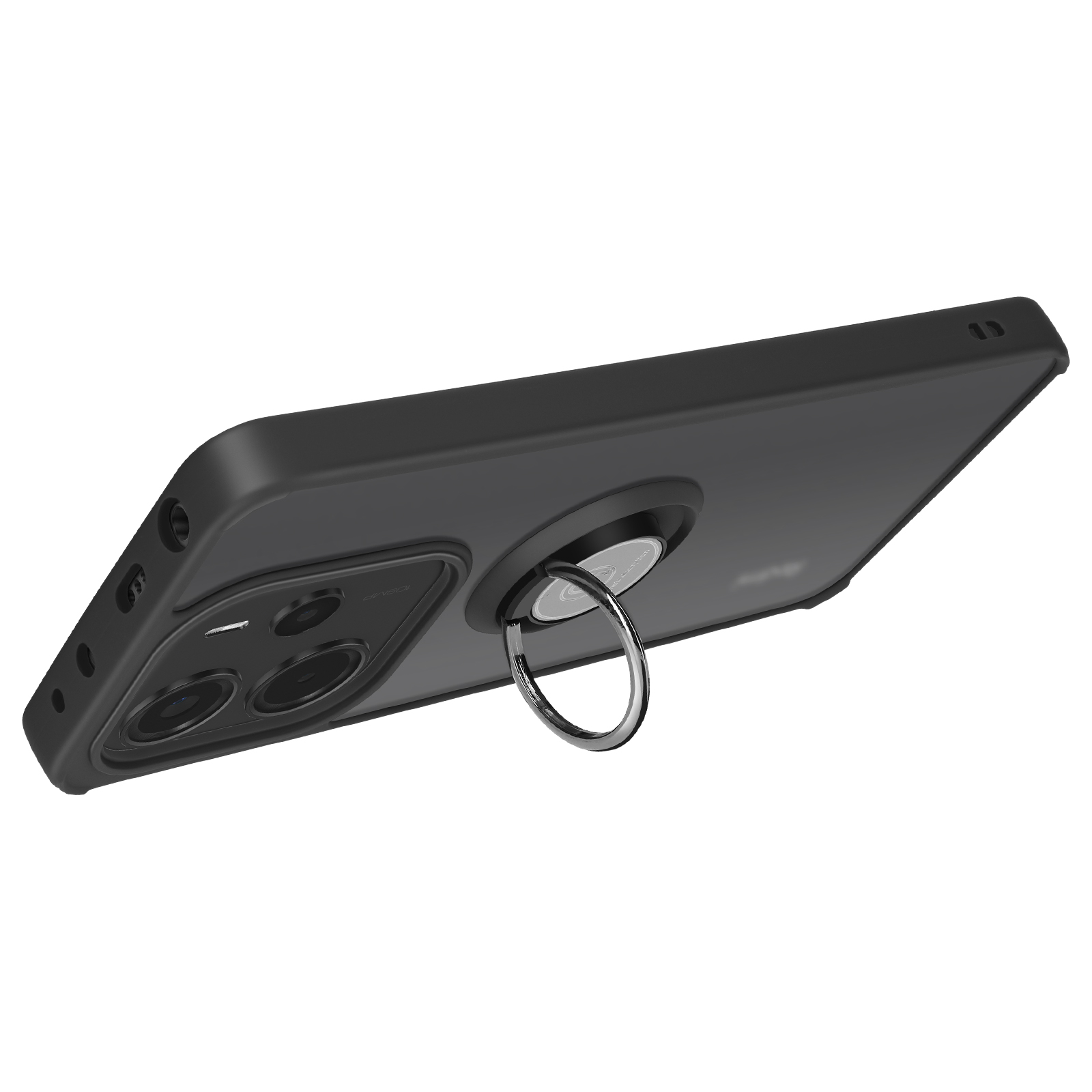 Custodia nera per telefono con supporto ad anello argentato, vista da un'angolazione, su sfondo bianco.