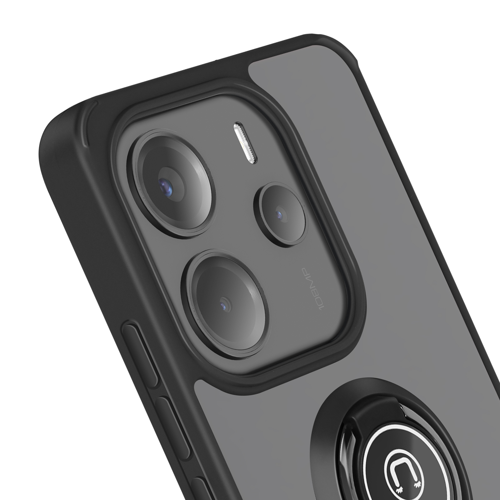 Un primo piano di una custodia per telefono con più fotocamere. La custodia è nera, con retro trasparente e anello.