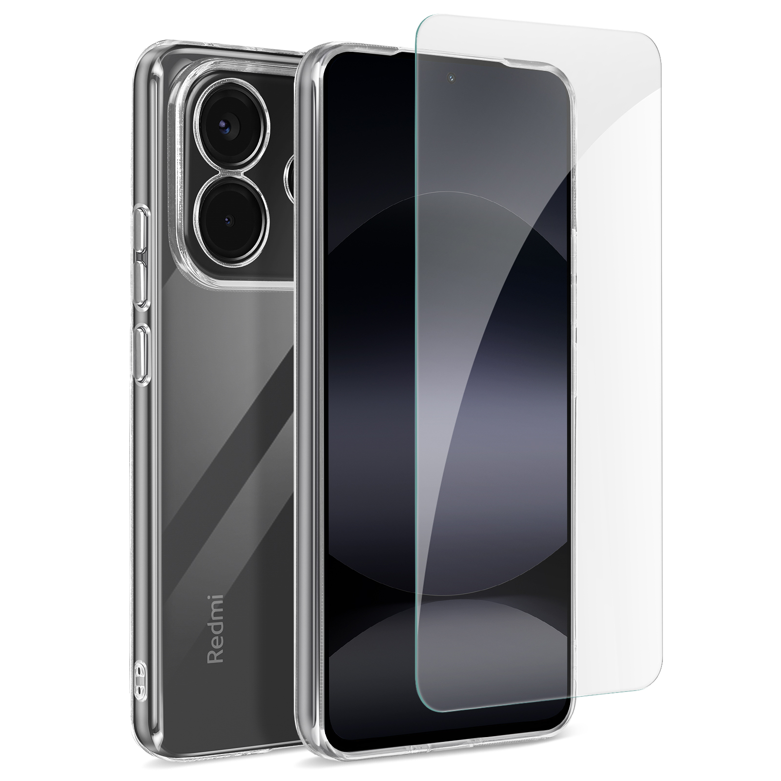 Custodia trasparente con telefono e protezione schermo. Logo Redmi rosso.