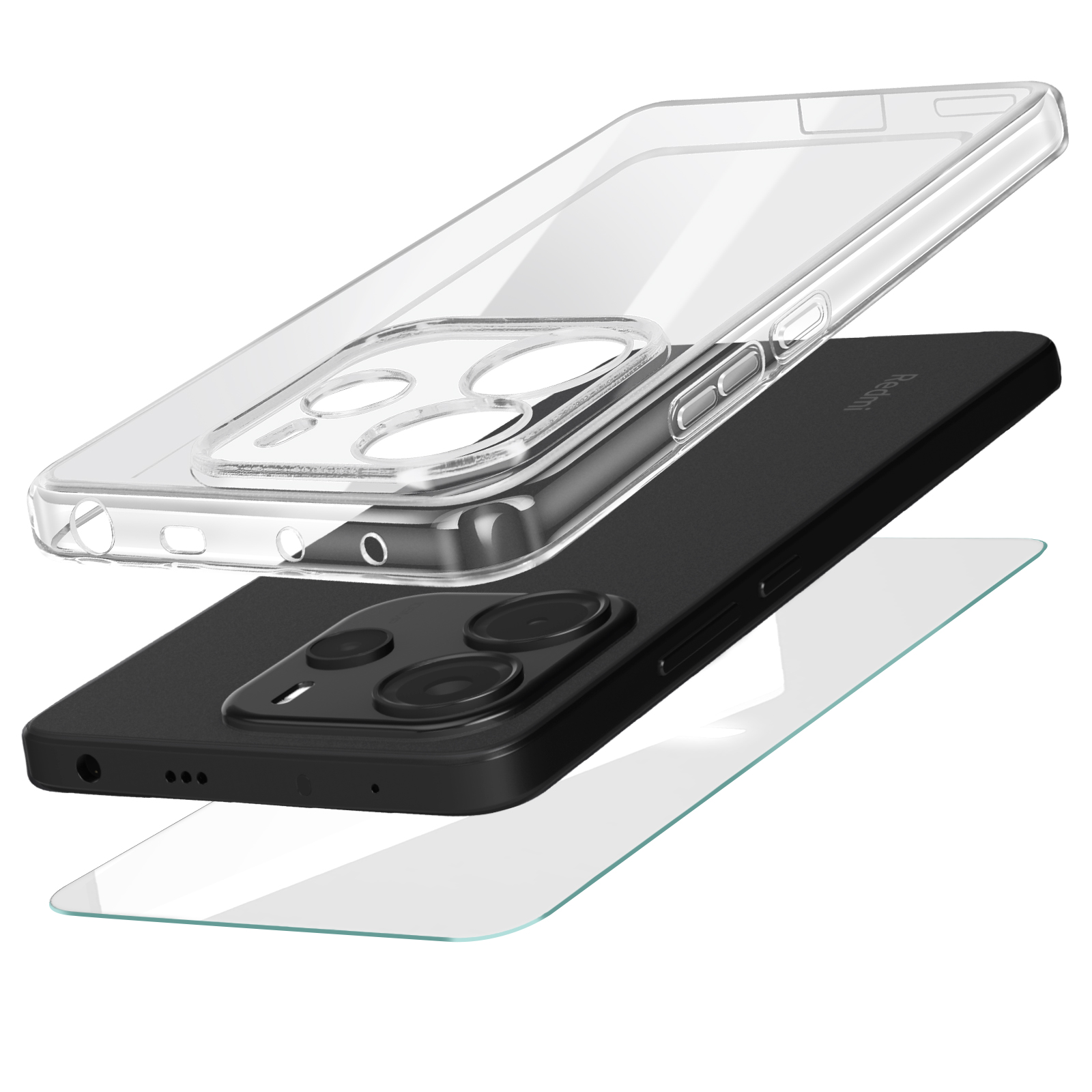 Telefono con protezione schermo e custodia trasparente. Telefono nero con tripla fotocamera e protezione in vetro.