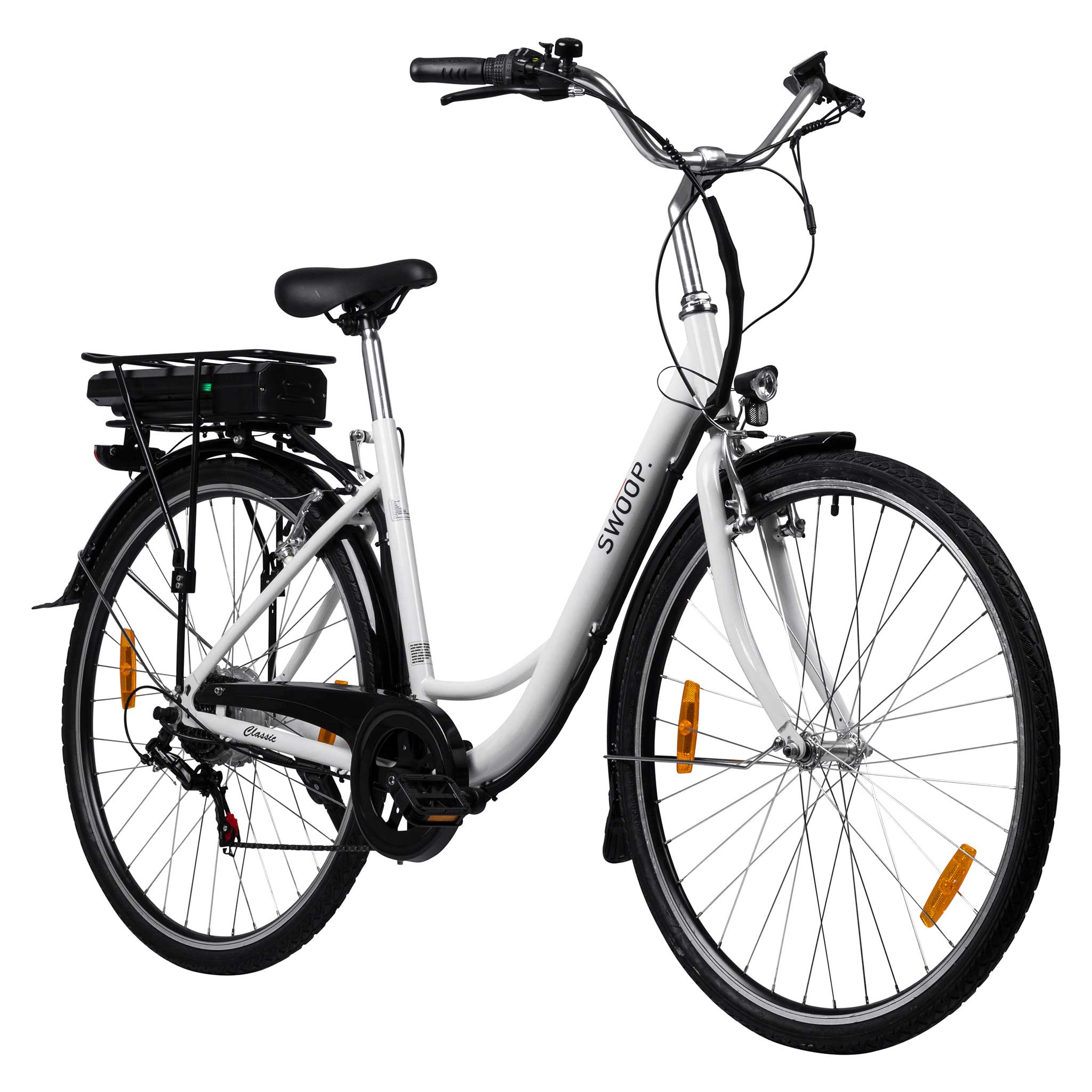 Biało-czarny rower elektryczny. Ma akumulator z tyłu i reflektor.