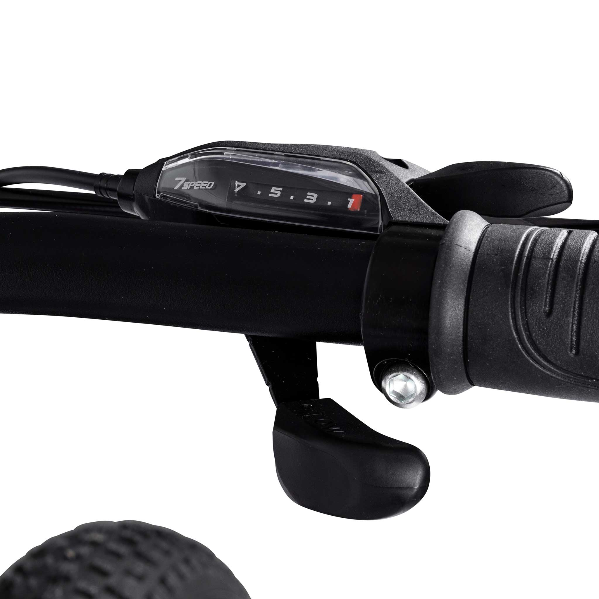 Kierownica roweru z wyświetlaczem zmiany biegów pokazującym prędkości 1, 3, 5 i 7. Kierownica jest czarna.