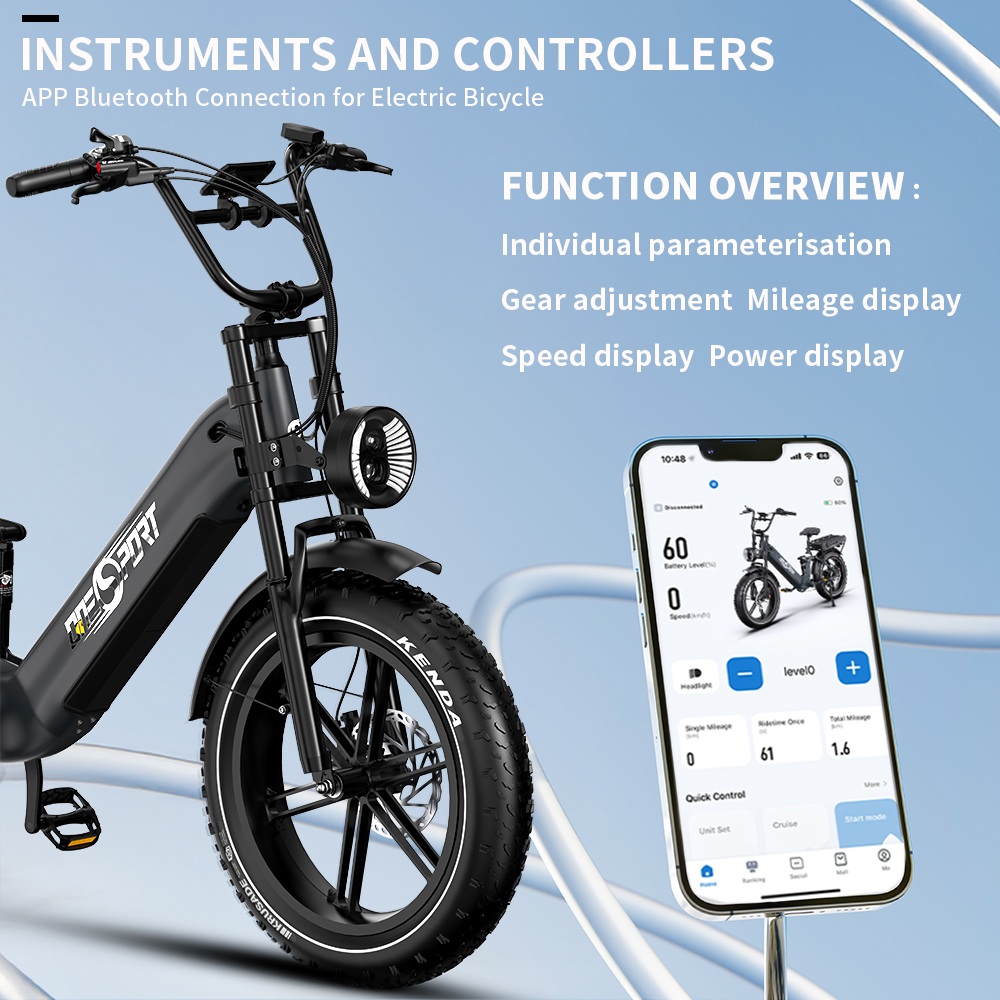 Schwarzes E-Bike mit Telefon, das Geschwindigkeit und Kilometerstand anzeigt, Text zeigt Instrumente.