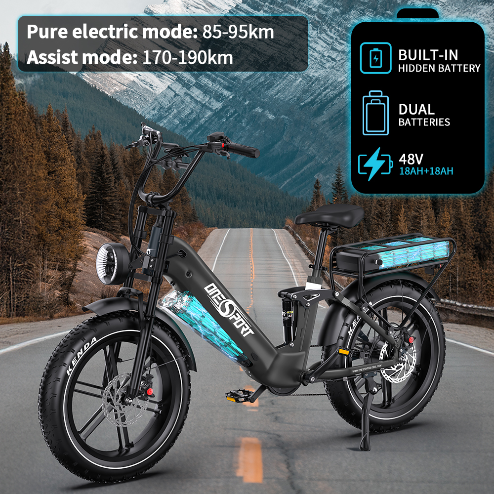 Schwarzes Elektrofahrrad auf einer Straße mit Bergen im Hintergrund. Text zeigt die Akkulaufzeit.