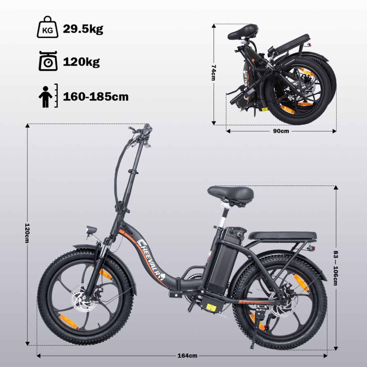 Czarny składany rower elektryczny z wymiarami i specyfikacjami na białym tle.