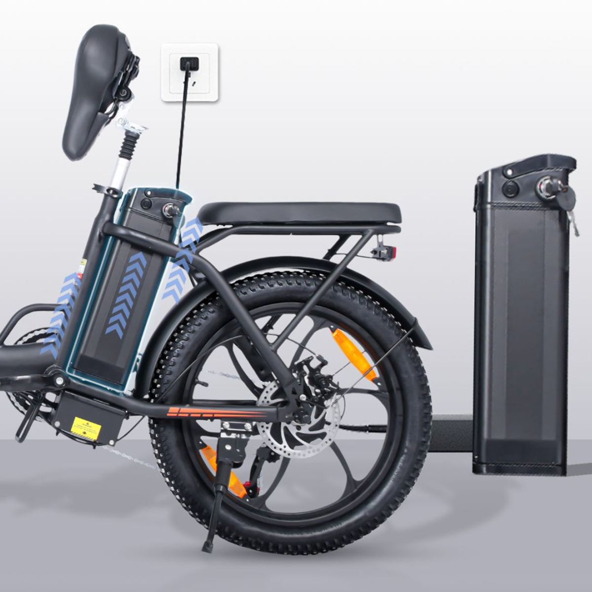 Rower elektryczny z portem ładowania i czarnym akumulatorem.