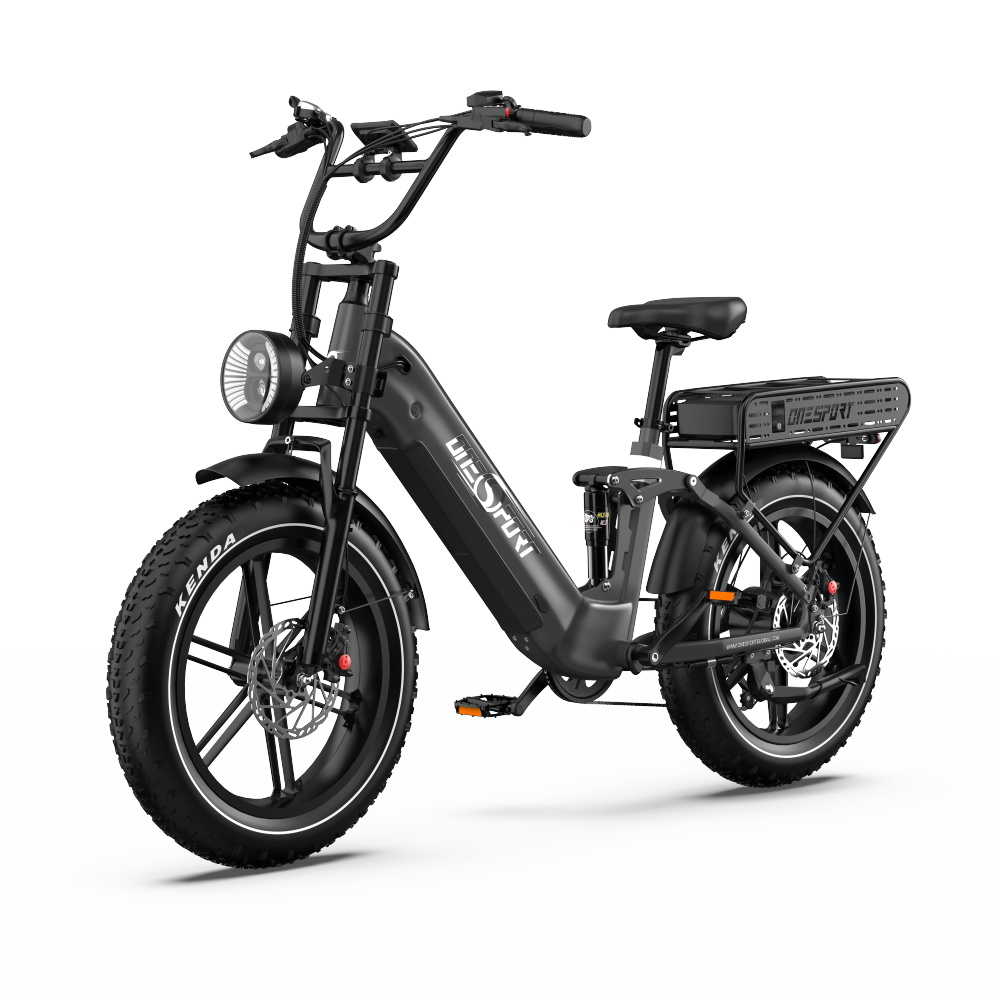 Schwarzes Elektrofahrrad mit Scheinwerfer, Gepäckträger und breiten Reifen, freigestellt auf Weiß.