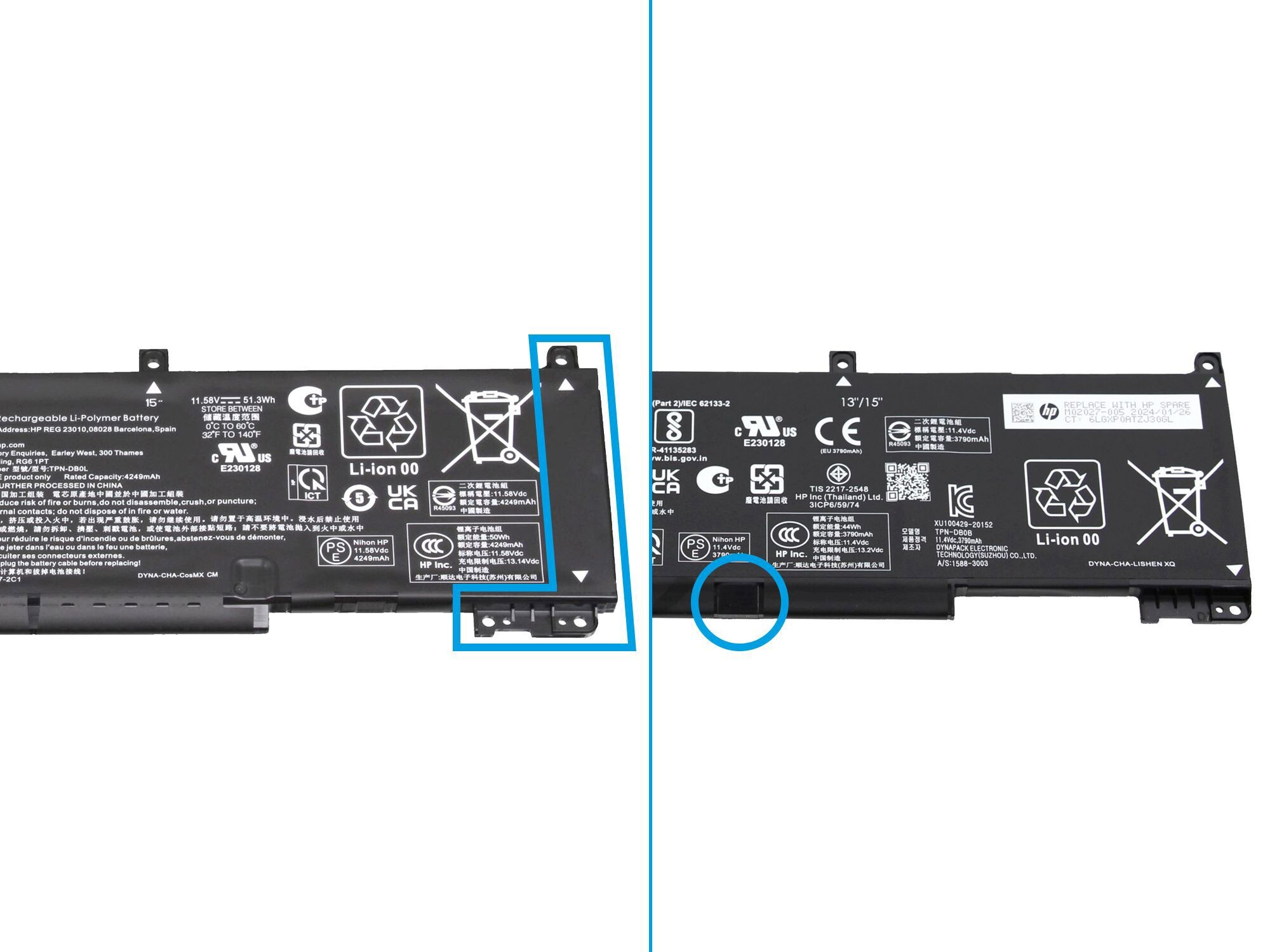 Zwei Laptop-Akkus mit Etiketten. Einer hat ein blaues Rechteck, der andere einen blauen Kreis.