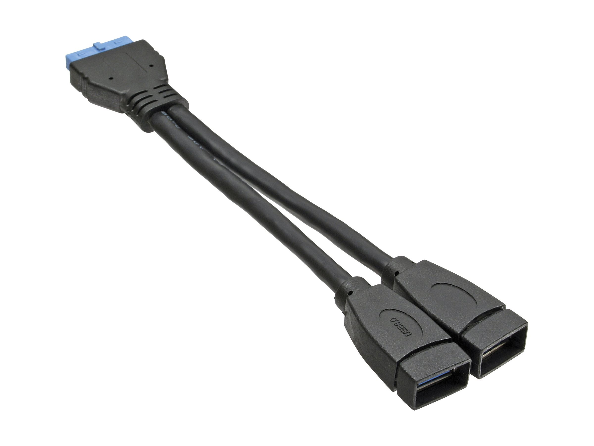 Cavo da USB nero a USB 3.0. Ha due connettori USB e un connettore blu.