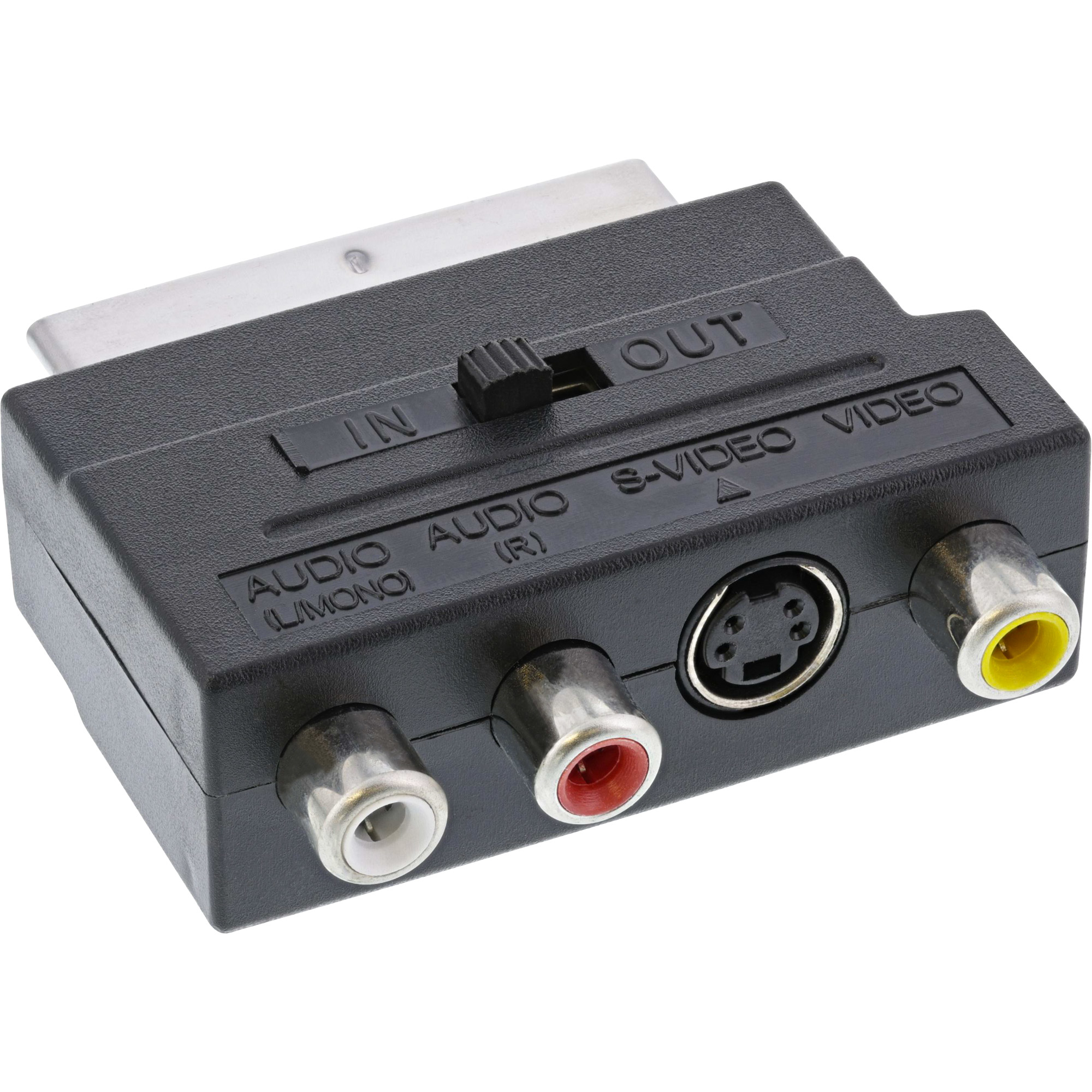 Schwarzer und silberner SCART-Adapter mit Audio-, Video- und S-Video-Anschlüssen.