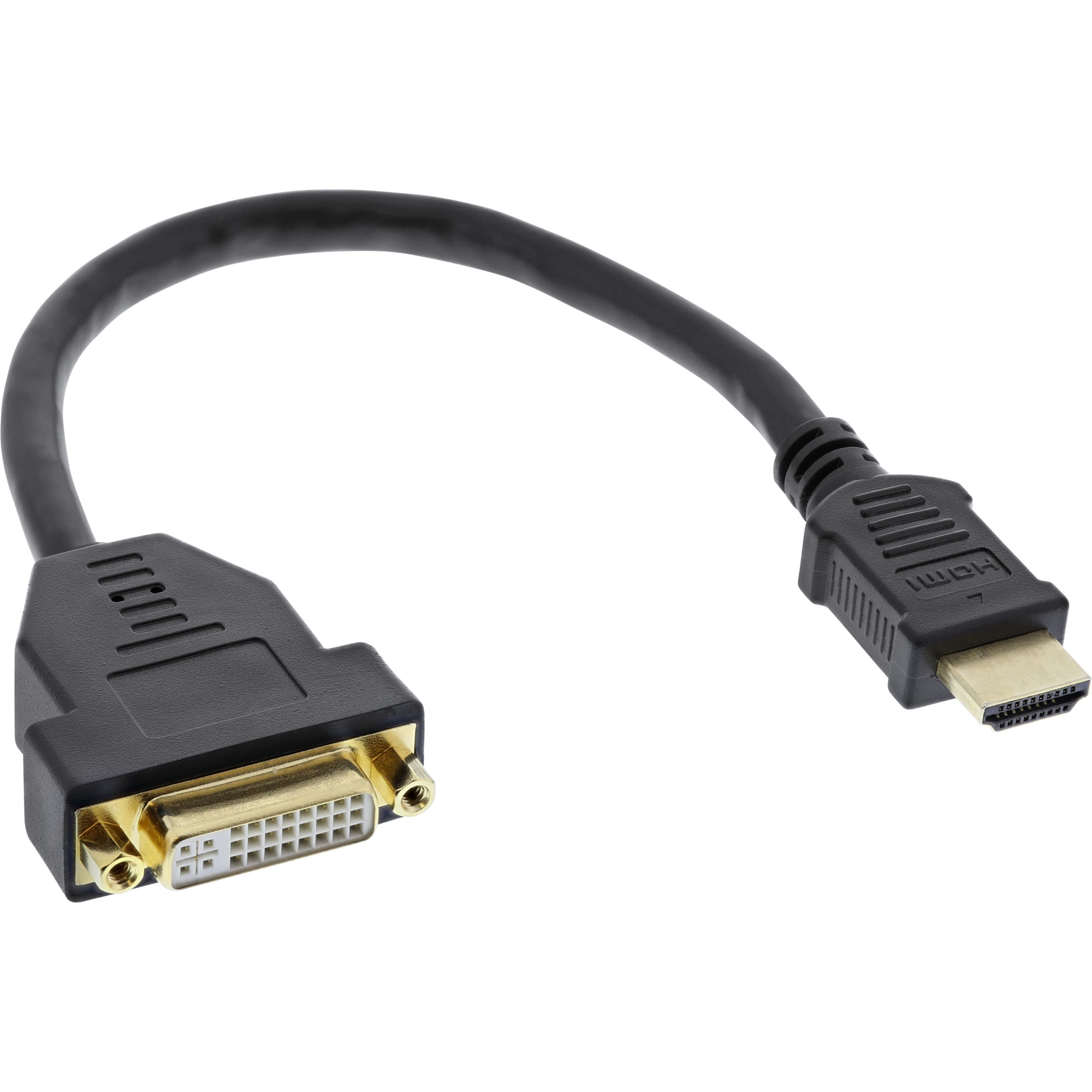 Schwarzes HDMI-zu-DVI-Kabel. Ein Ende ist HDMI, das andere DVI. Das Kabel ist gebogen.
