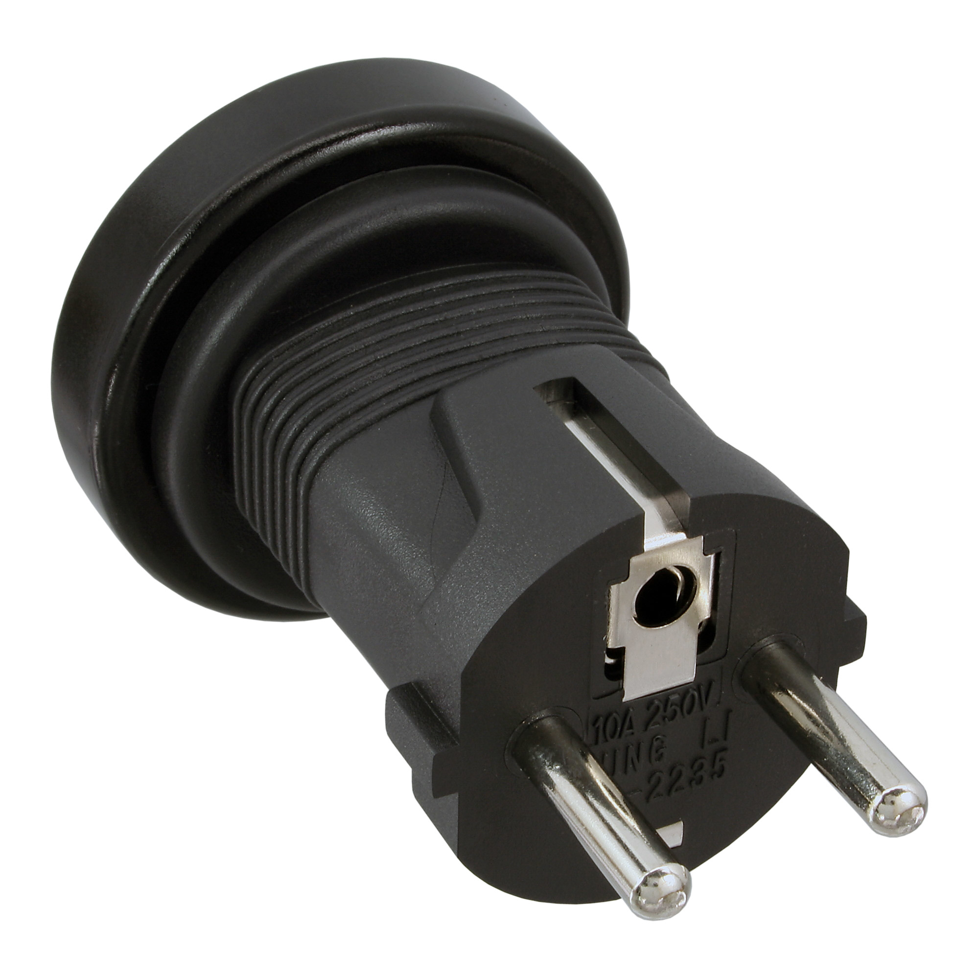 Schwarzer Eurostecker mit zwei Metallstiften, auf weißem Hintergrund.