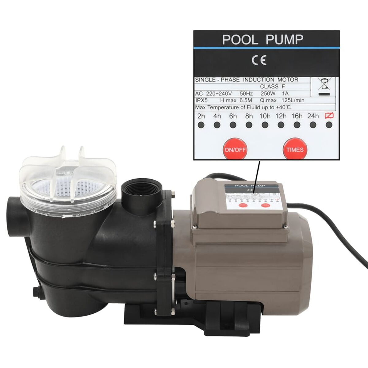 Poolpumpe mit Bedienfeld und Timer. Anzeige zeigt Einstellungen. Schwarze und graue Farben.