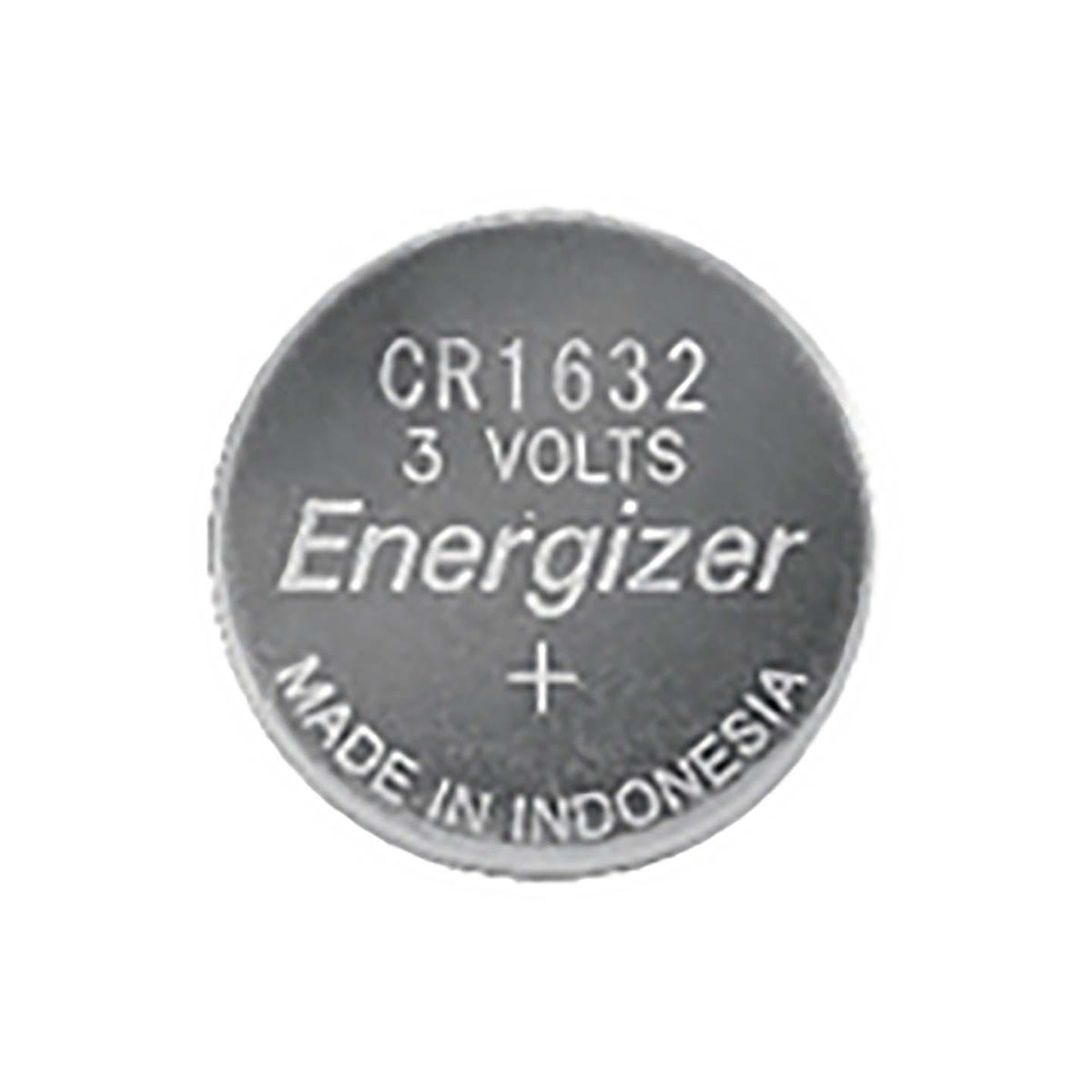 Knopfzelle mit Text: CR1632, 3 Volt, Energizer, Pluszeichen, hergestellt in Indonesien.