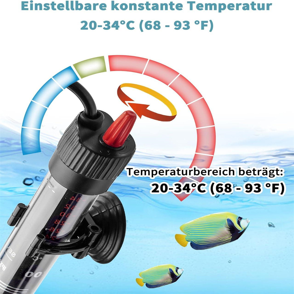 Aquariumheizer mit rotem Temperaturregler und 20-34°C Bereich. Zwei gelb-blaue Fische schwimmen.