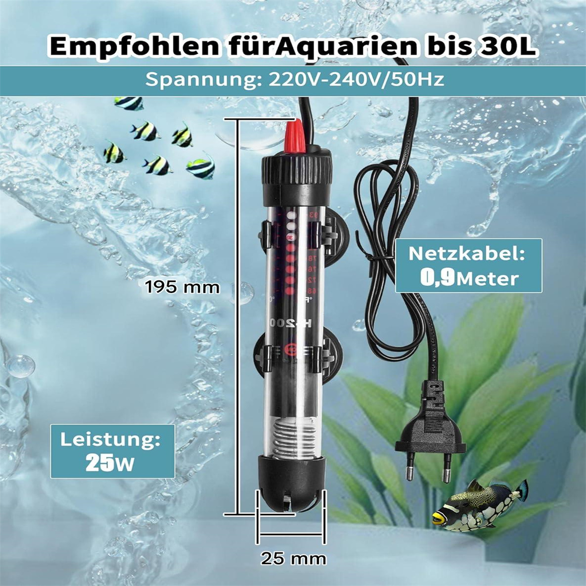 Ein Aquarienheizer wird mit Text und Messungen angezeigt, die die Produktspezifikationen zeigen.