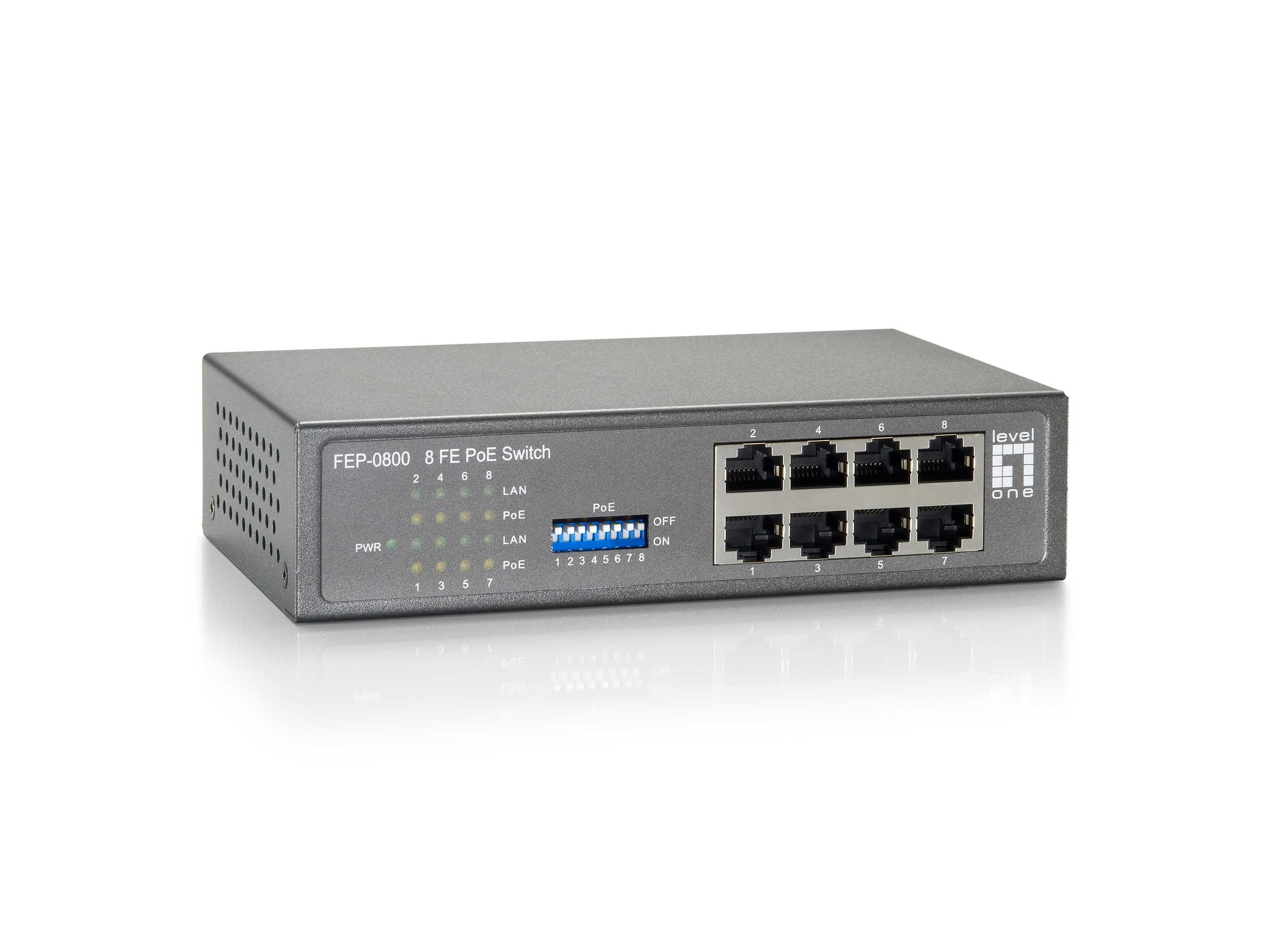 Switch PoE grigio a 8 porte con porte etichettate e spie.